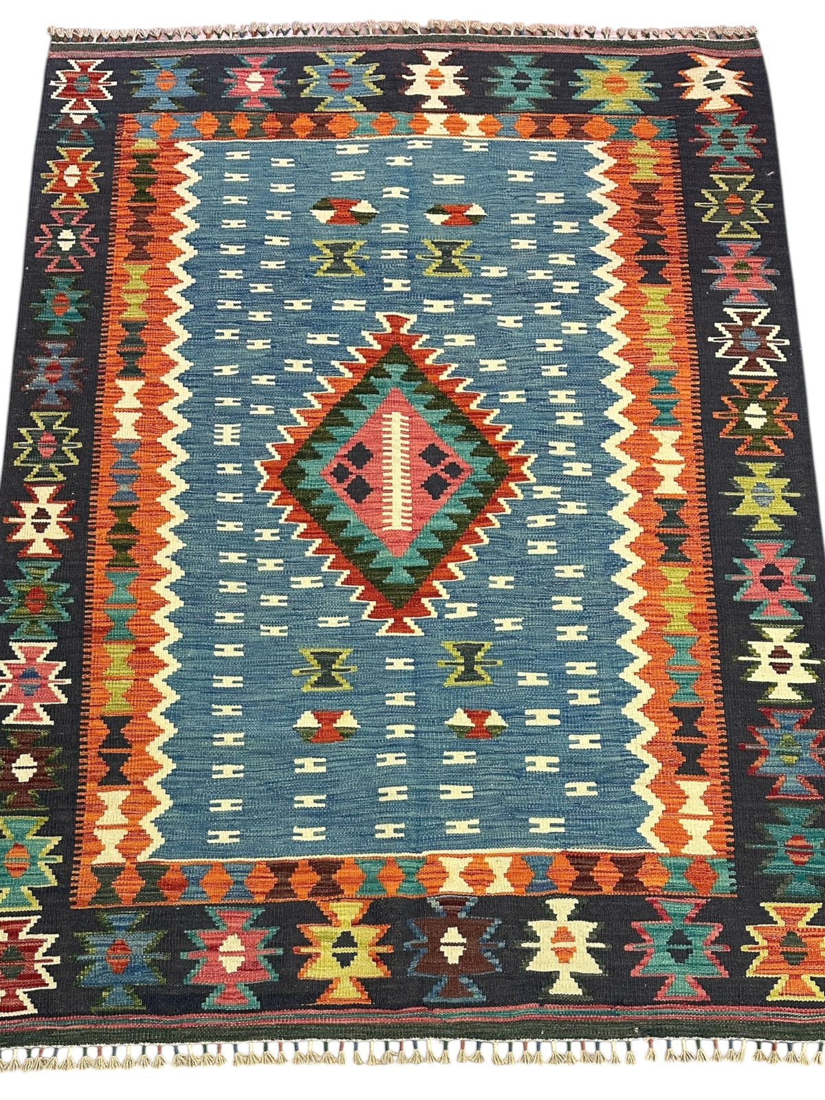 Afghan Kilim Rug 5x7, Blue, Navy & Rust, Diamond Medallion Wool Flatweave, view 2