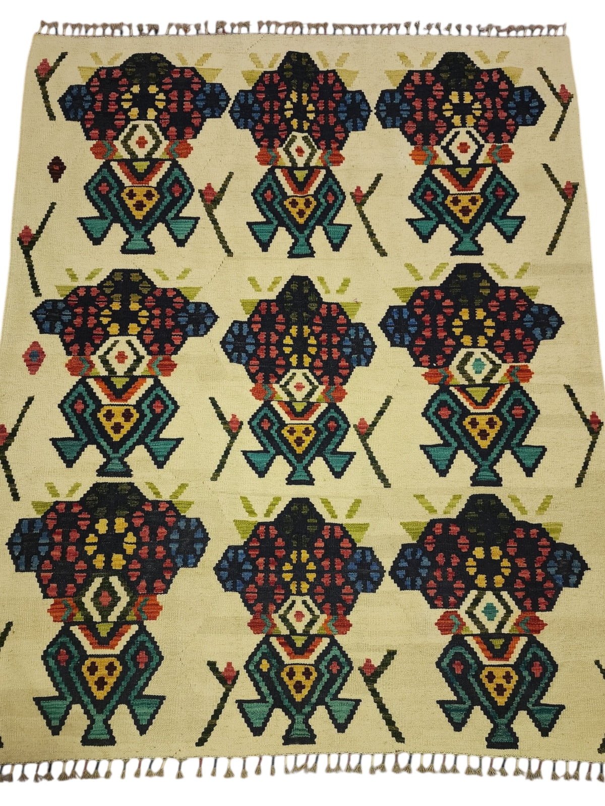 Afghan Kilim Rug 5x6, Ivory, Navy & Teal, Hand-Woven Wool Flatweave, view 2