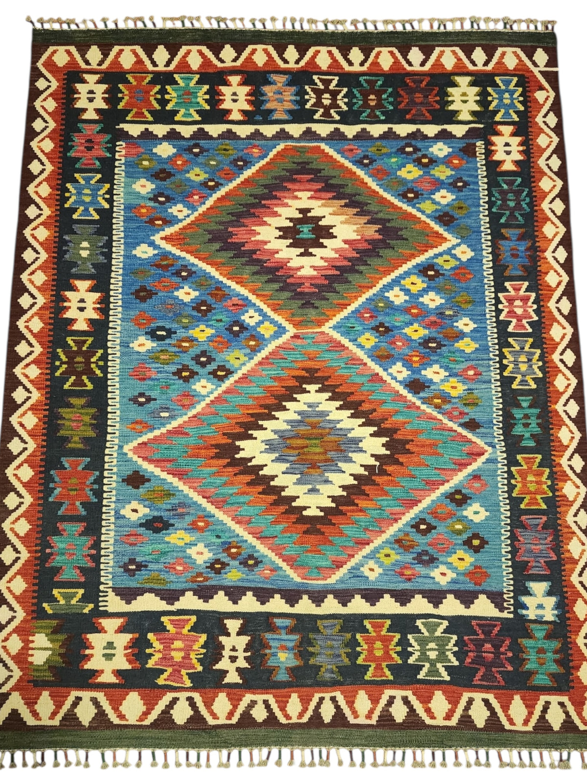 Afghan Kilim Rug 5x7, Blue, Rust & Brown, Diamond Medallion Wool Flatweave, view 2