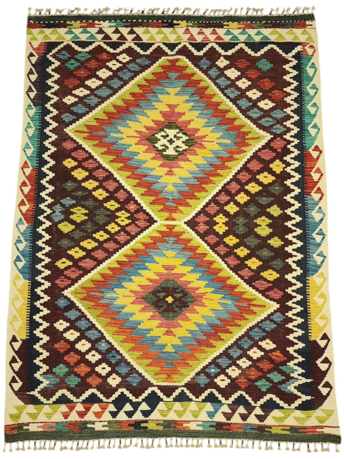 Afghan Kilim Rug 5x7, Brown, Rust & Yellow, Hand-Woven Wool Flatweave, view 2