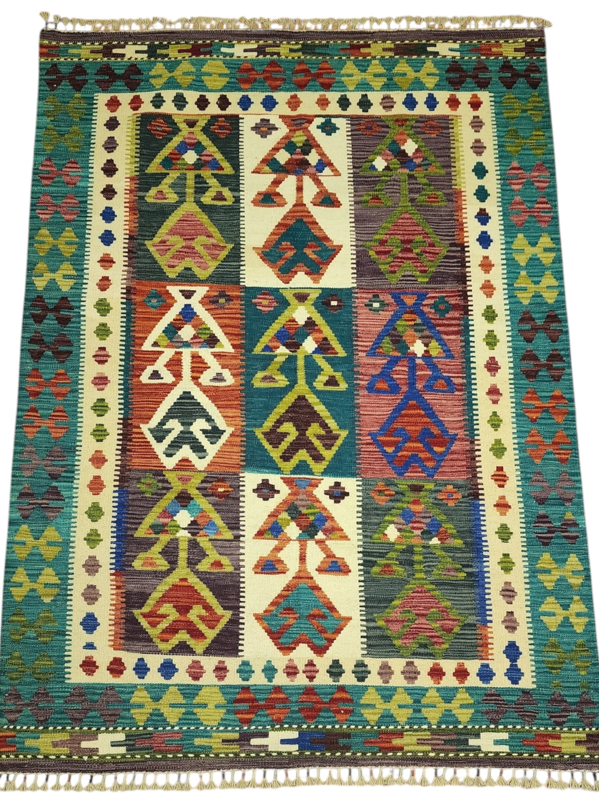 Afghan Kilim Rug 5x7, Teal, Ivory & Rust, Hand-Woven Wool Flatweave, view 2