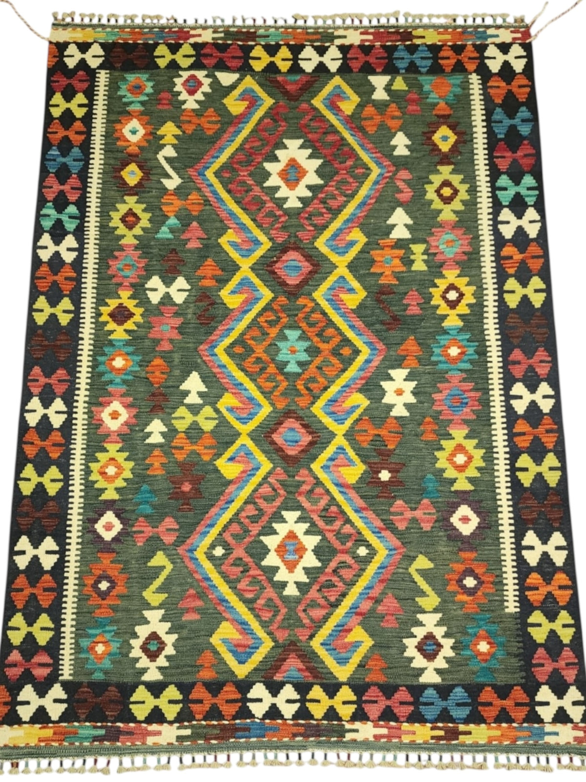 Afghan Kilim Rug 5x7, Green, Black & Rust, Hand-Woven Wool Flatweave, view 2
