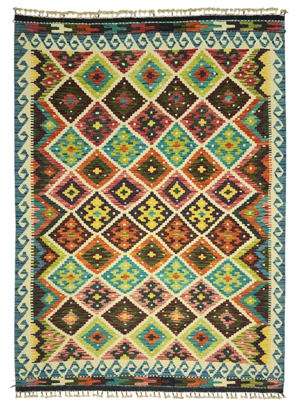 Afghan Kilim Rug 5x7, Brown, Teal & Ivory, Hand-Woven Wool Flatweave