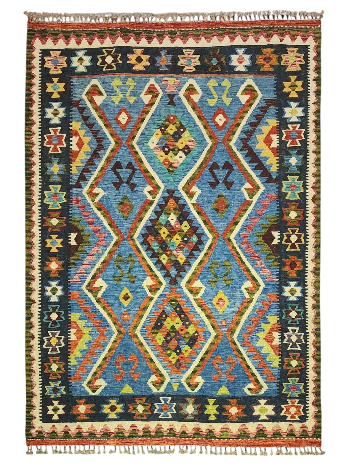 Afghan Kilim Rug 5x7, Blue, Navy & Rust, Diamond Medallion Wool Flatweave, Ivory Accents