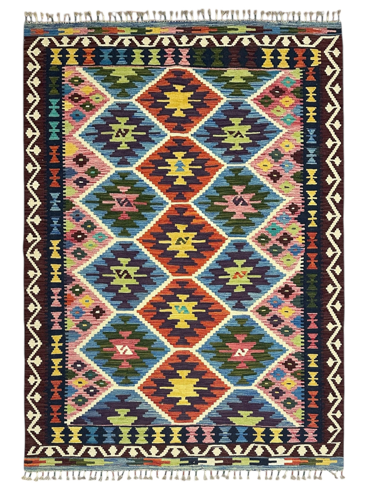 Afghan Kilim Rug 5x7, Blue, Rust & Brown, Hand-Woven Wool Flatweave