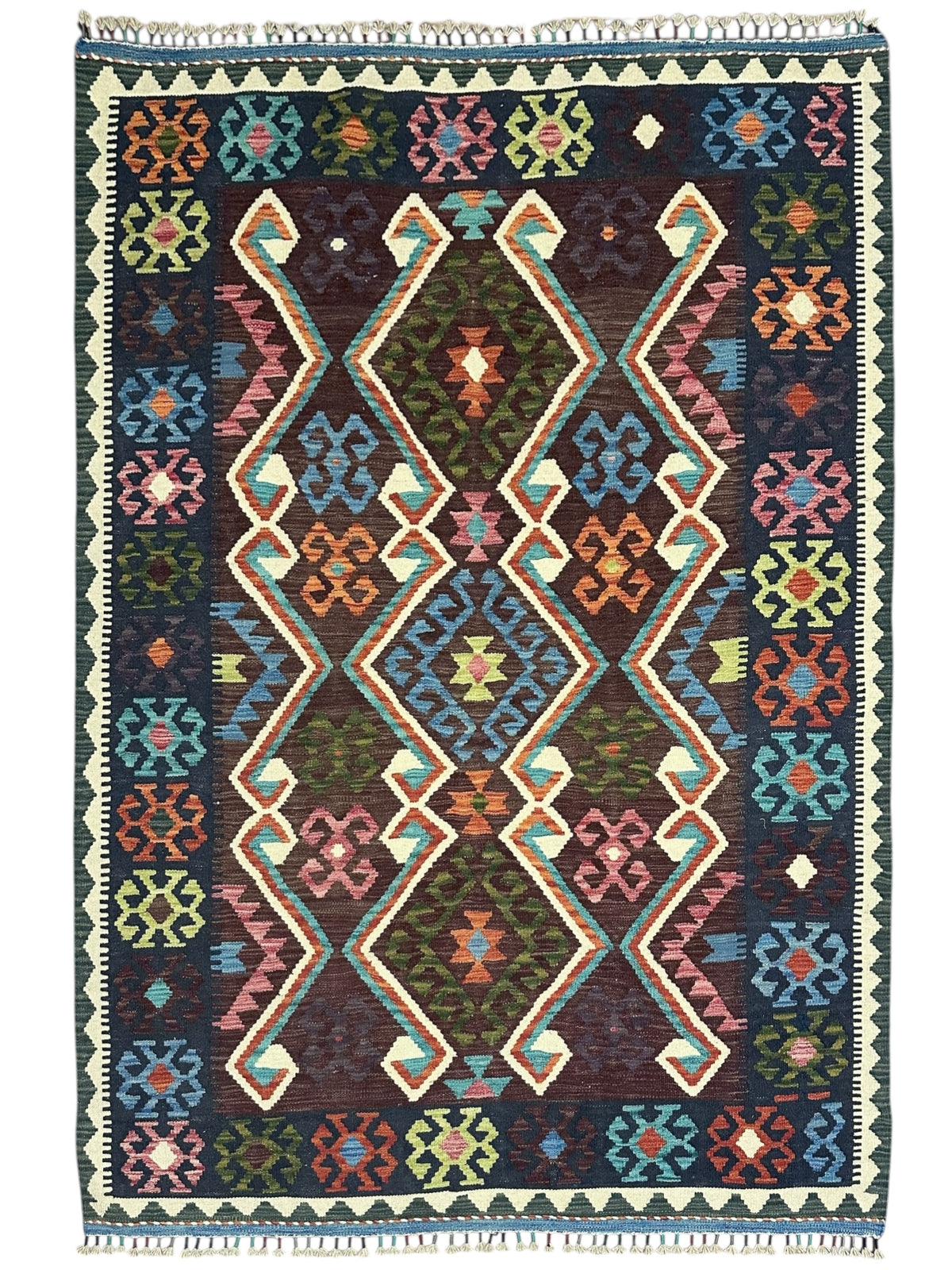 Afghan Kilim Rug 5x7, Brown, Navy & Ivory, Hand-Woven Wool Flatweave