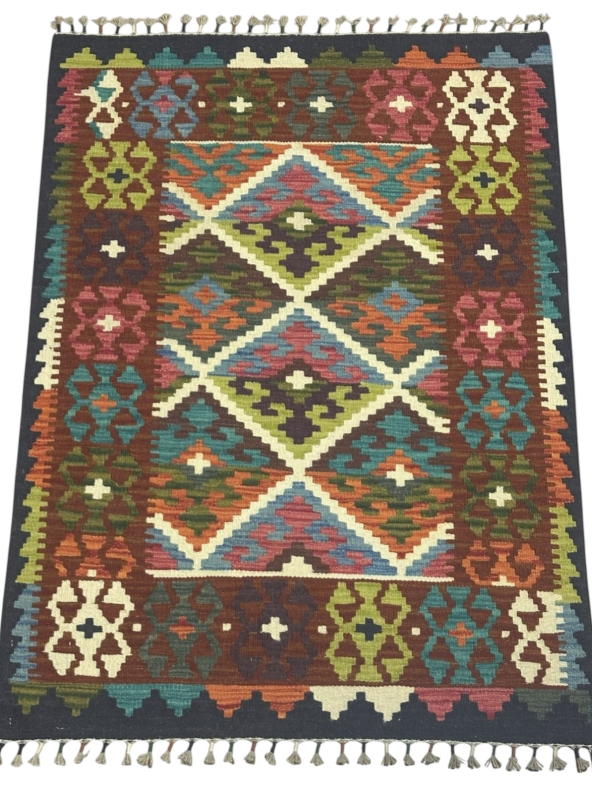 Afghan Kilim Rug 3x4, Brown, Ivory & Olive Green, Diamond Lattice Wool Flatweave, view 2