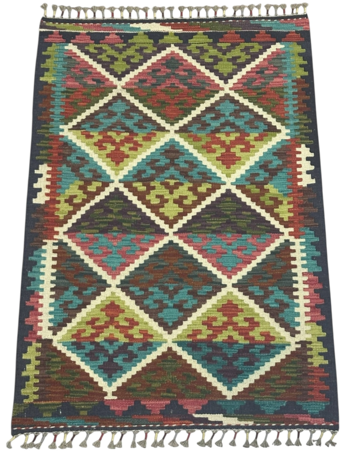 Afghan Kilim Rug 3x4, Navy, Teal & Olive Green, Diamond Lattice Wool Flatweave, view 2