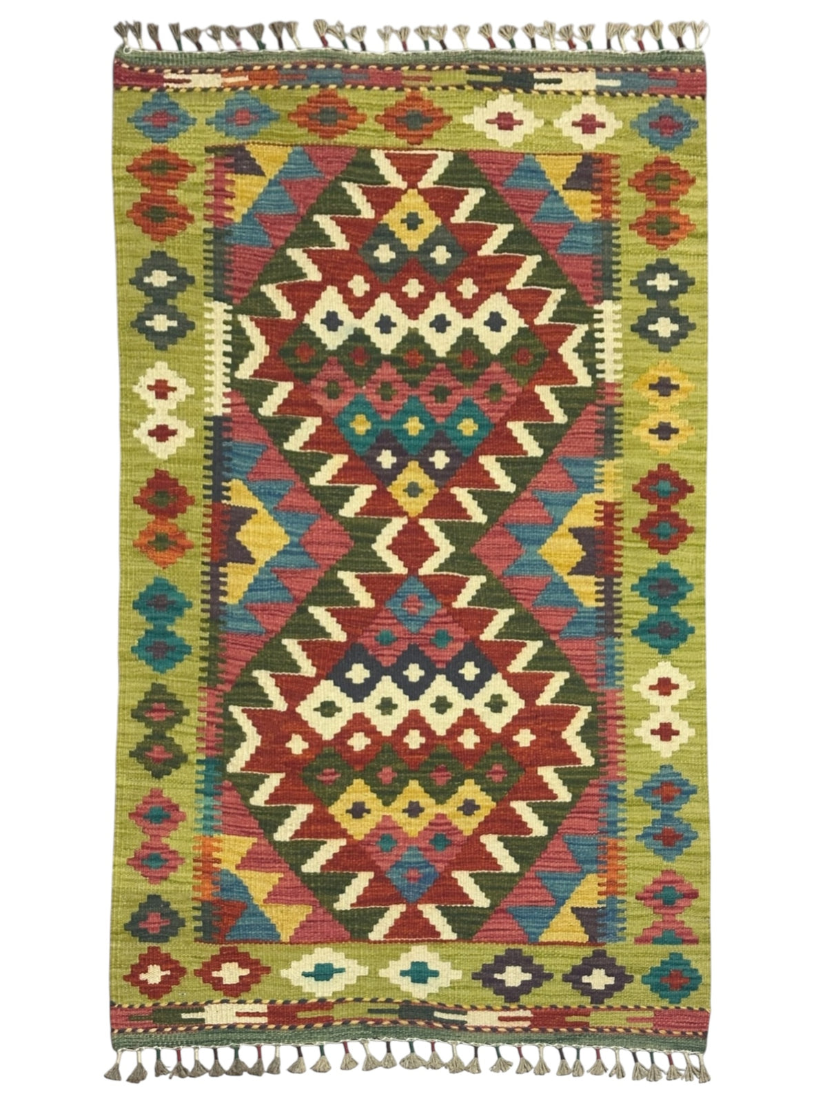 Afghan Kilim Rug 3x4, Olive Green, Rust & Ivory, Diamond Medallion Wool Flatweave