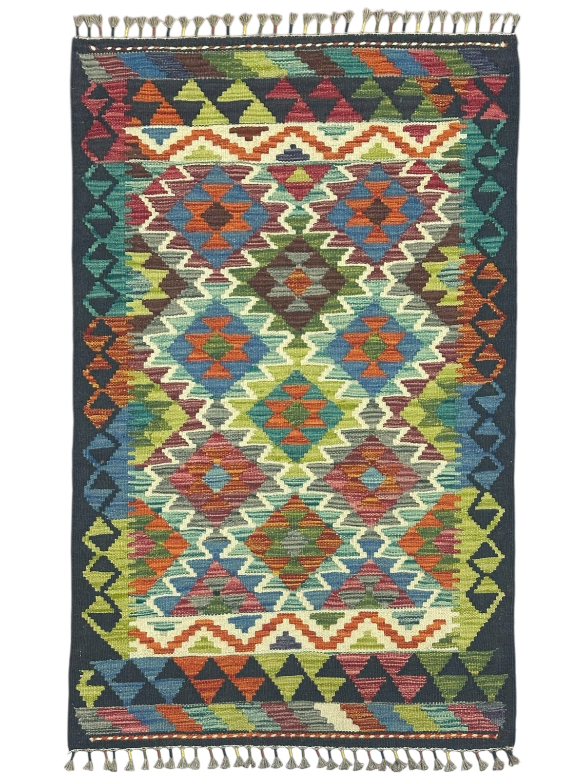 Afghan Kilim Rug 3x4, Navy, Teal & Olive Green, Hand-Woven Wool Flatweave