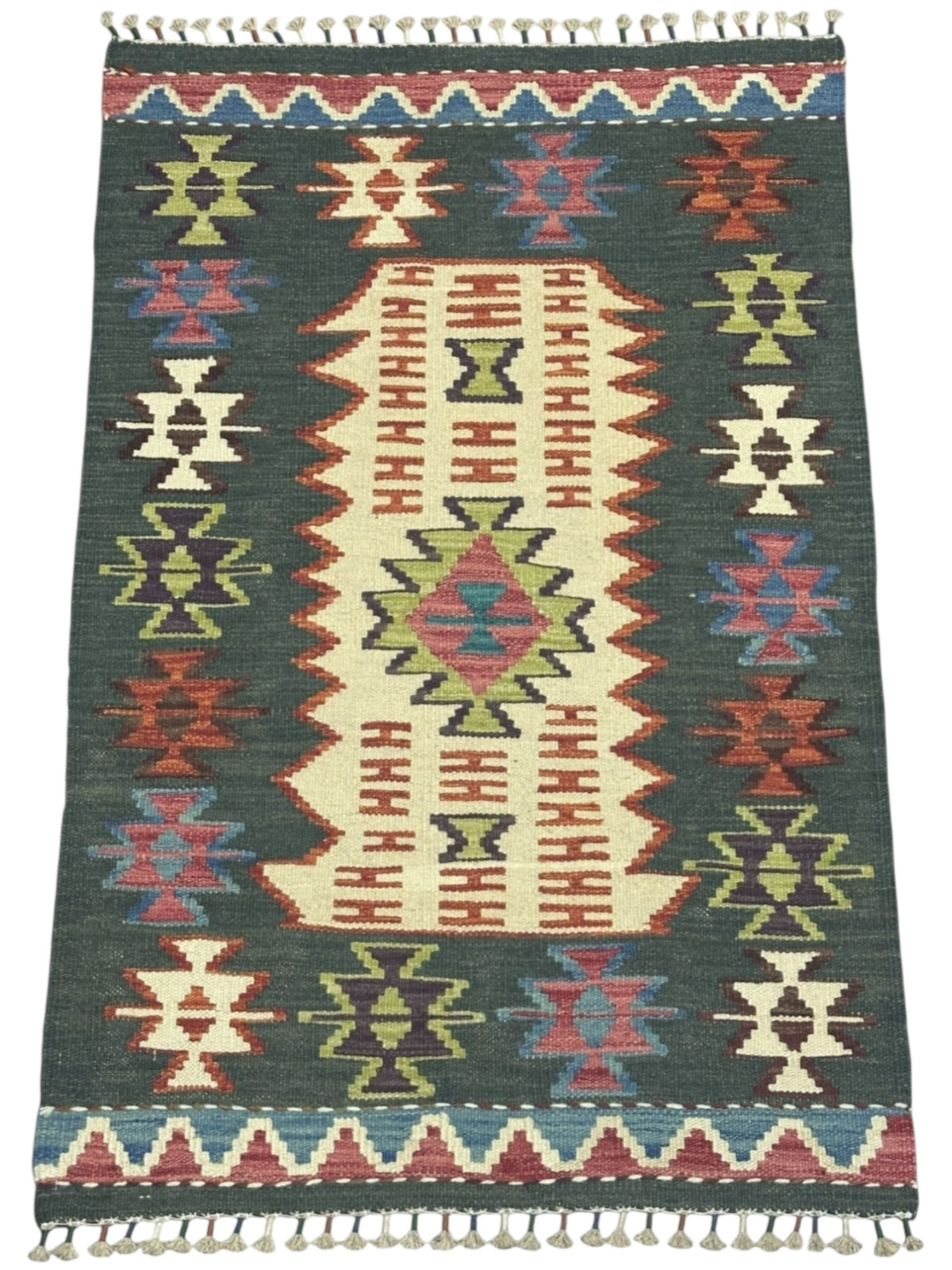 Afghan Kilim Rug 3x4, Green, Ivory & Pink, Hand-Woven Wool Flatweave, view 2