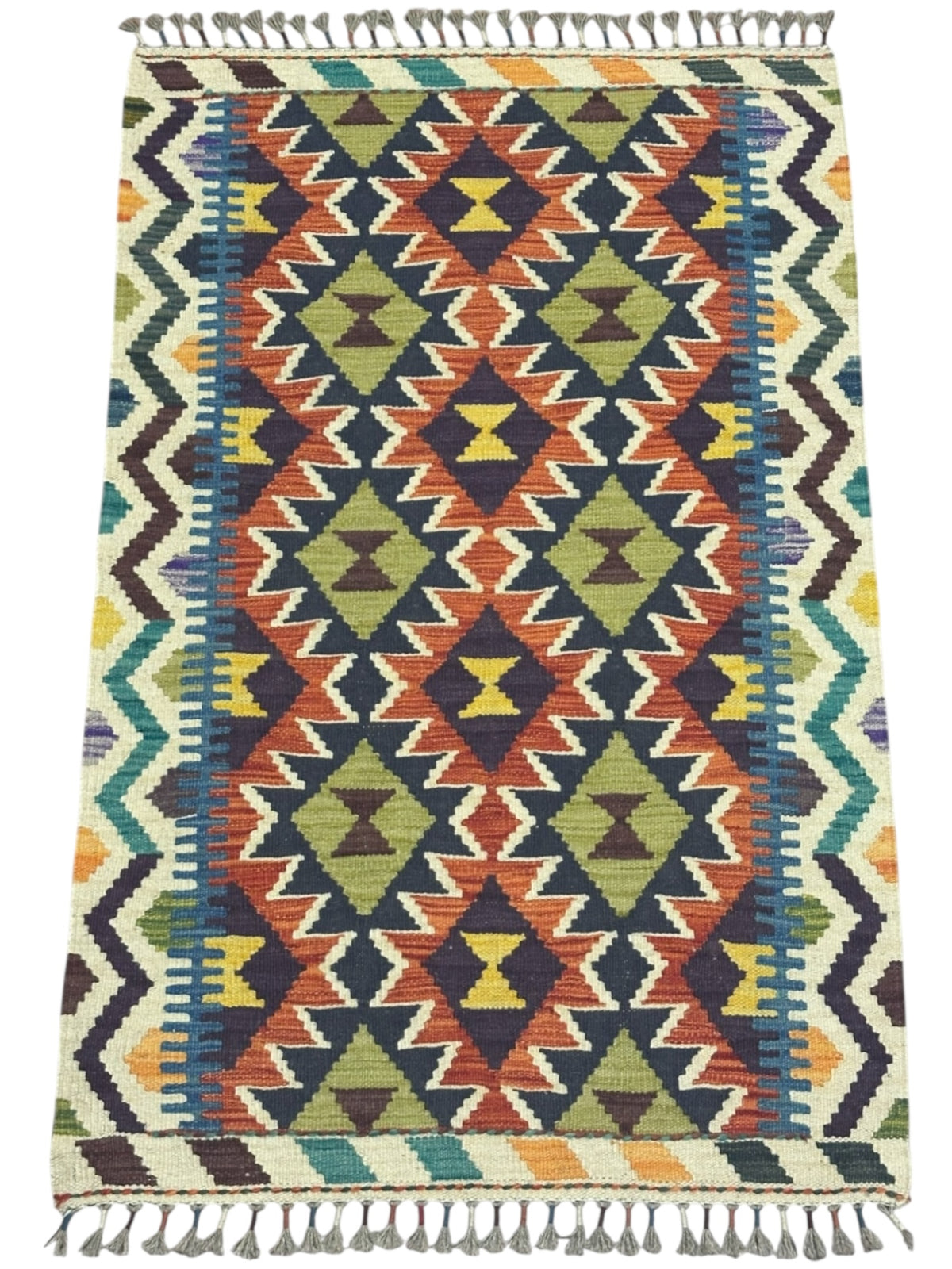 Afghan Kilim Rug 3x4, Navy, Rust & Ivory, Diamond Lattice Wool Flatweave, view 2
