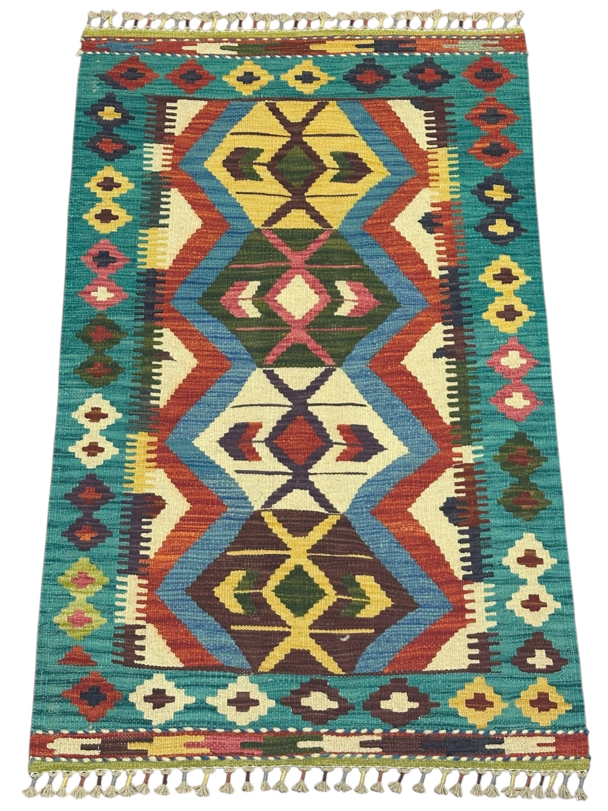 Afghan Kilim Rug 3x4, Teal, Ivory & Gold, Hand-Woven Wool Flatweave, view 2