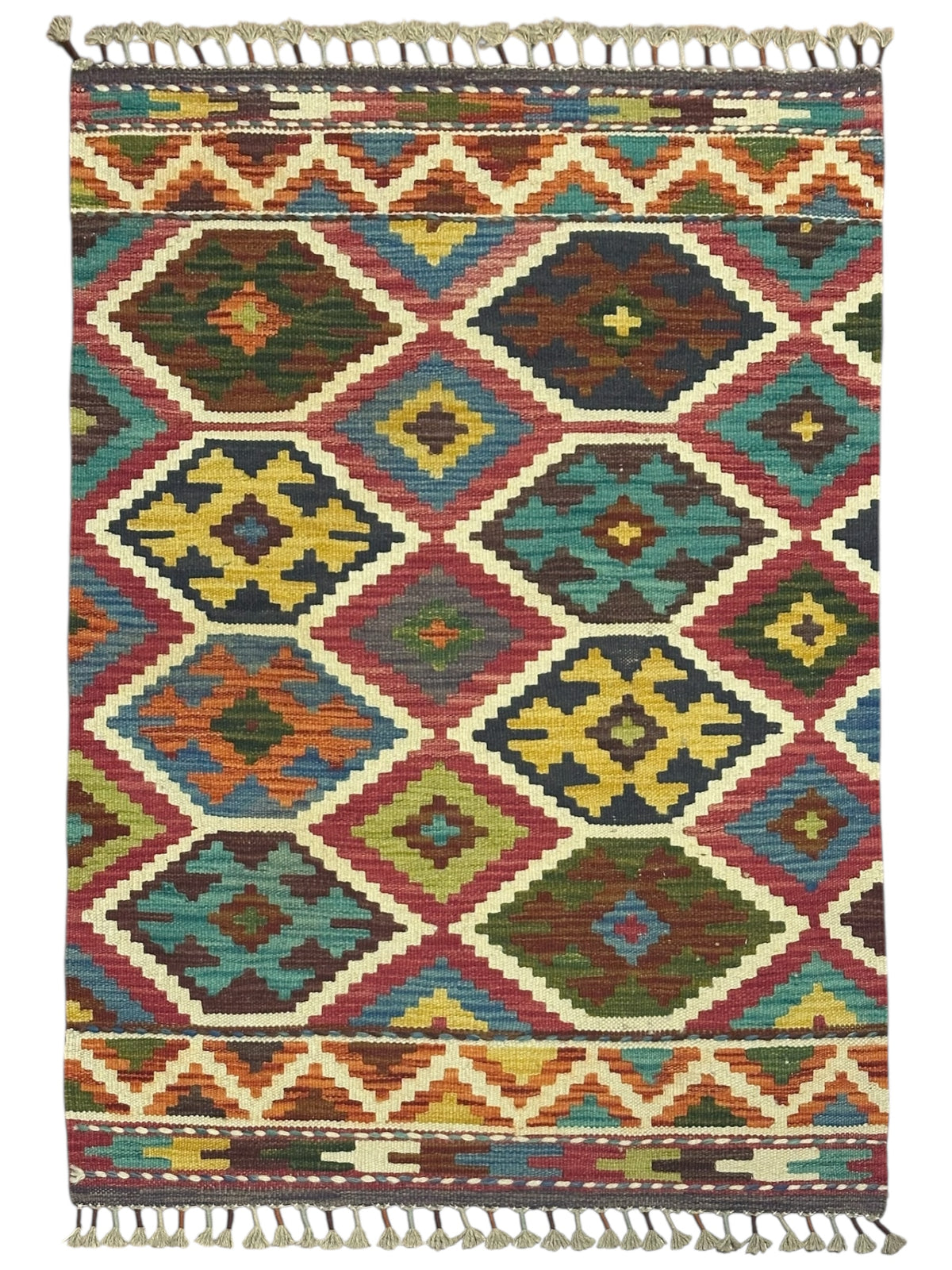 Afghan Kilim Rug 3x4, Rust, Ivory & Teal, Diamond Lattice Wool Flatweave