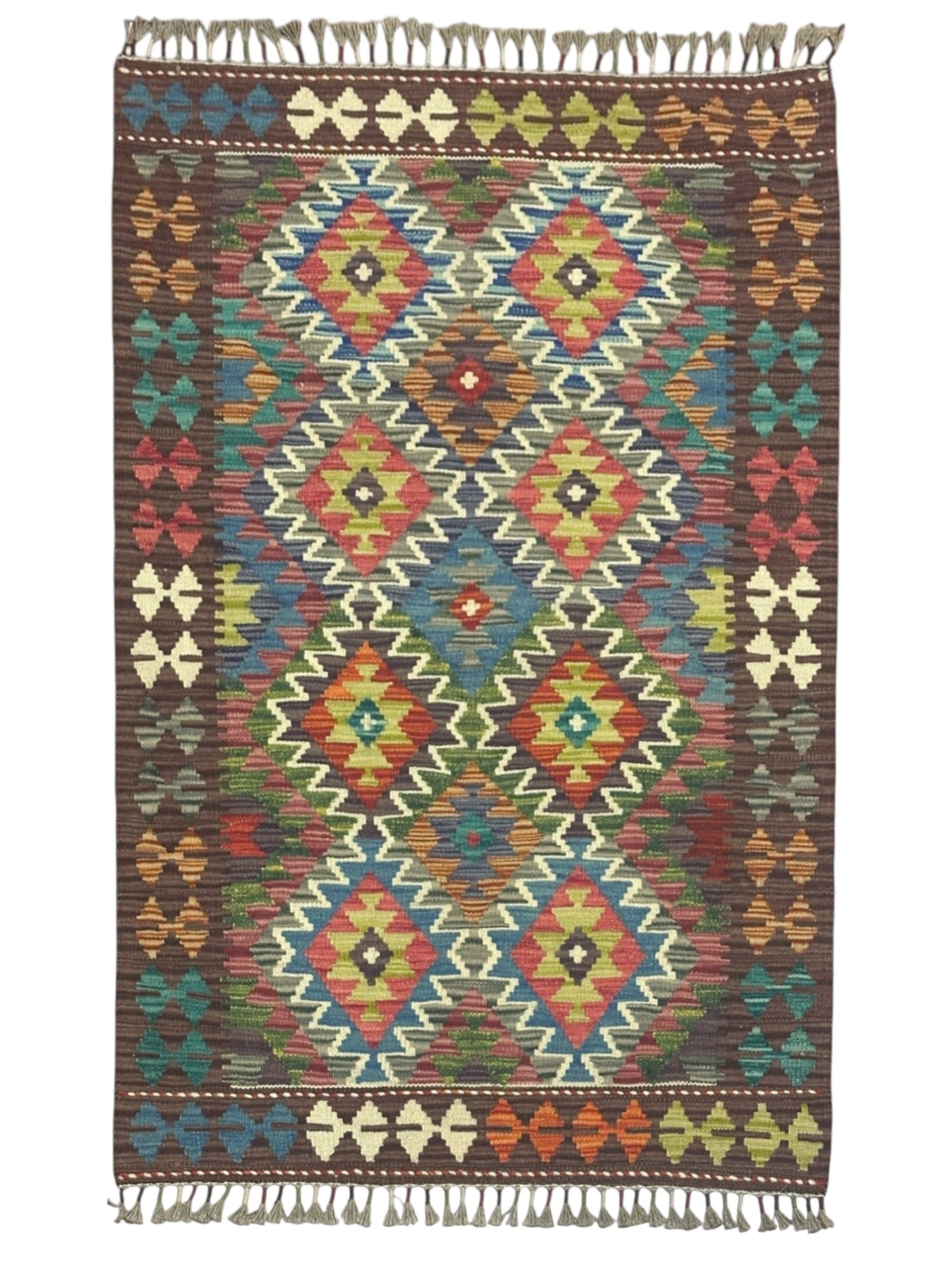 Afghan Kilim Rug 3x4, Brown, Teal & Pink, Hand-Woven Wool Flatweave