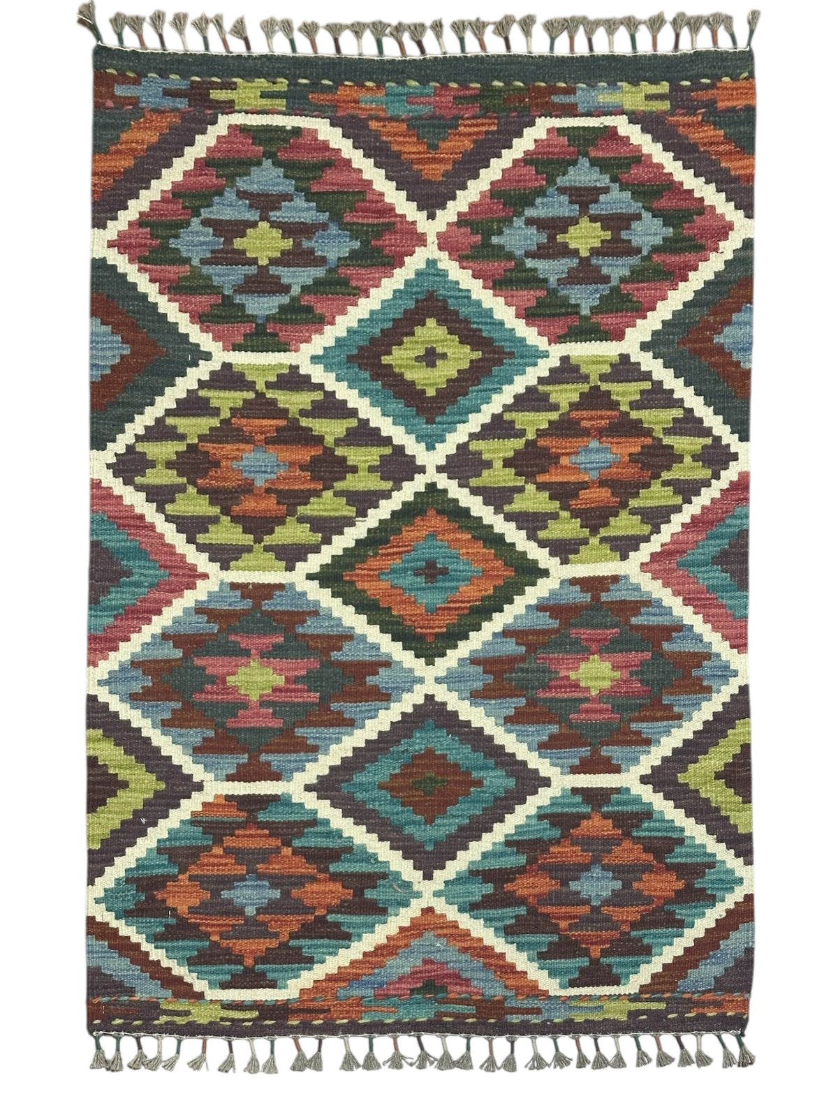 Afghan Kilim Rug 3x4, Brown, Rust & Teal, Diamond Lattice Wool Flatweave