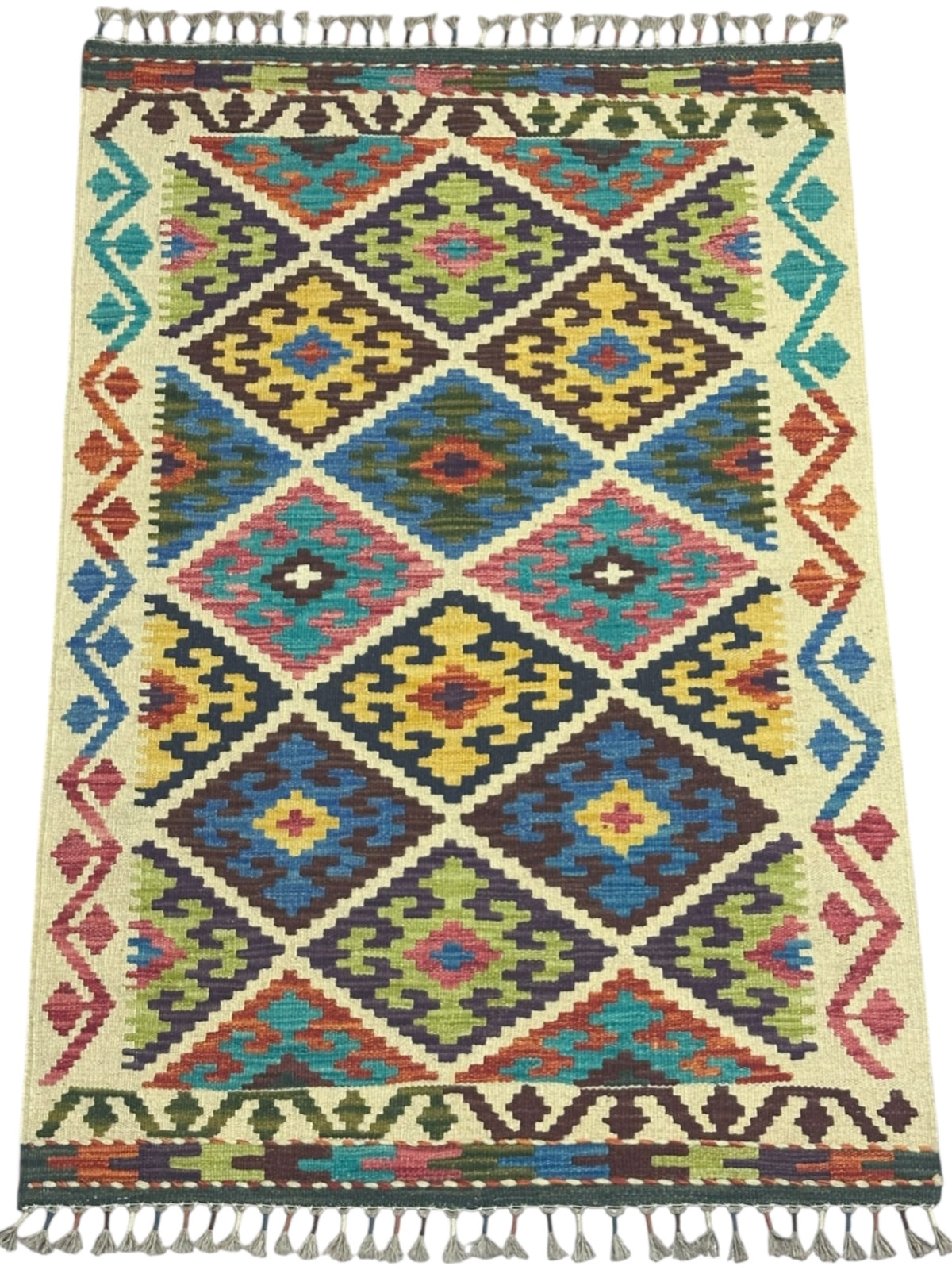 Afghan Kilim Rug 3x4, Ivory, Blue & Olive Green, Hand-Woven Wool Flatweave, view 2