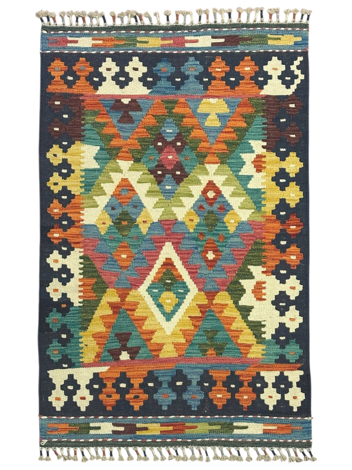 Afghan Kilim Rug 3x4, Navy, Orange & Ivory, Diamond Medallion Wool Flatweave