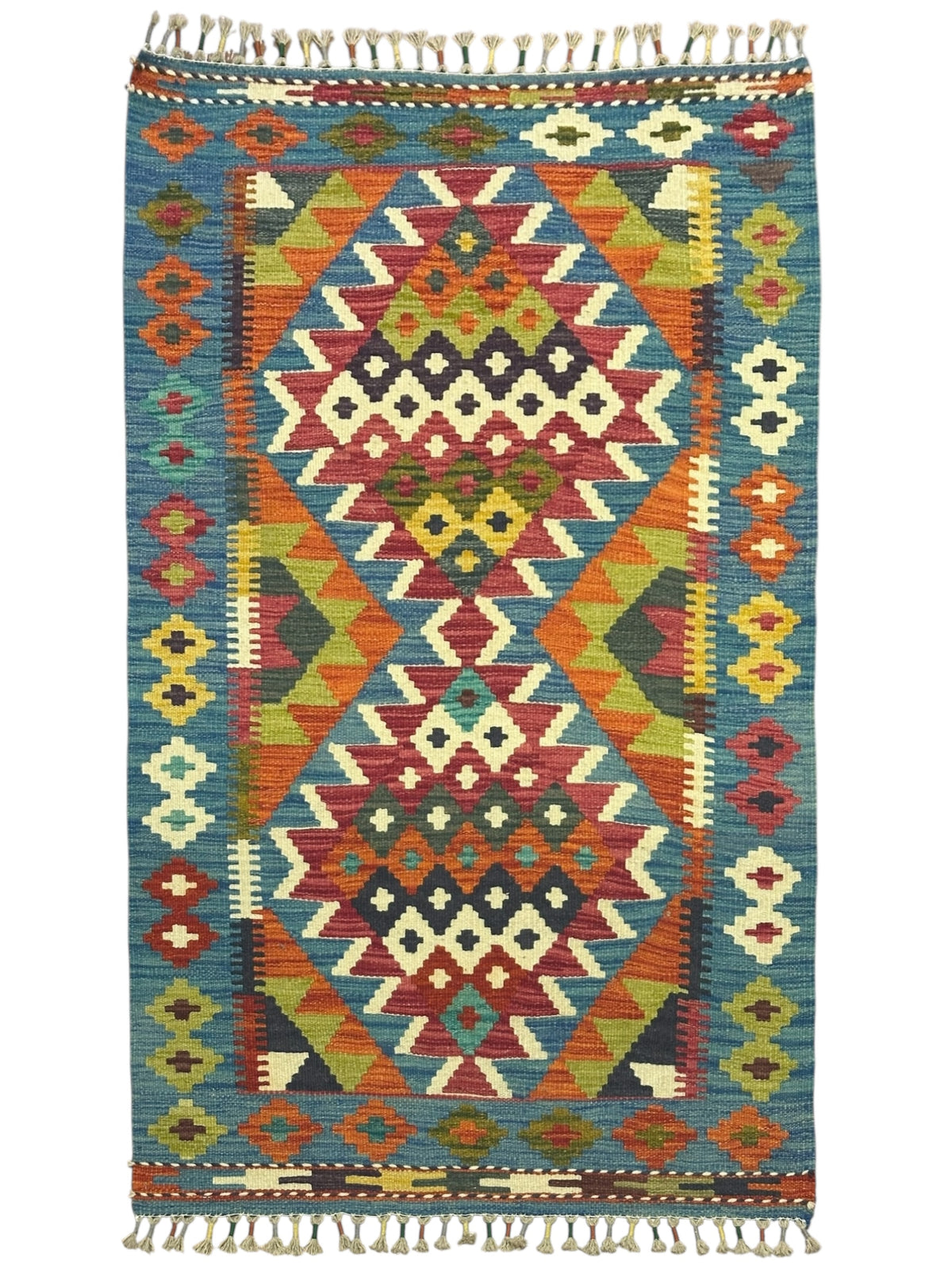 Afghan Kilim Rug 3x4, Blue, Orange & Ivory, Hand-Woven Wool Flatweave