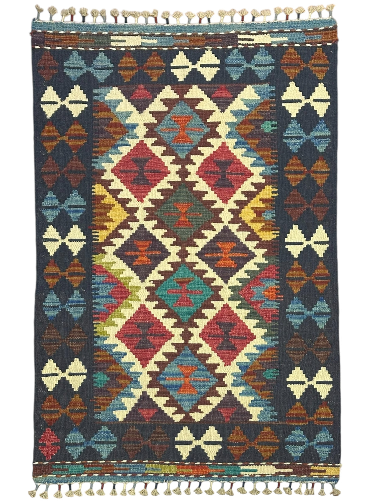 Afghan Kilim Rug 3x4, Navy, Ivory & Red, Hand-Woven Wool Flatweave