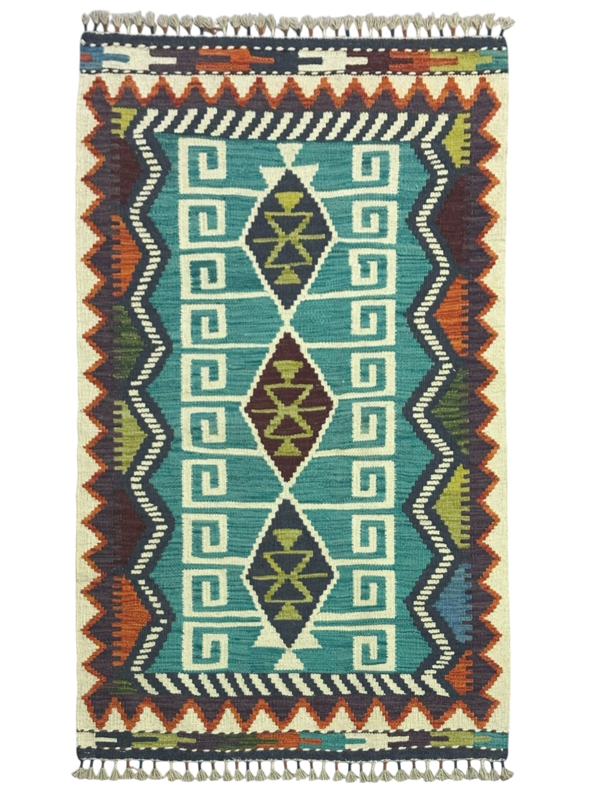Afghan Kilim Rug 3x5, Teal, Ivory & Rust, Hand-Woven Wool Flatweave