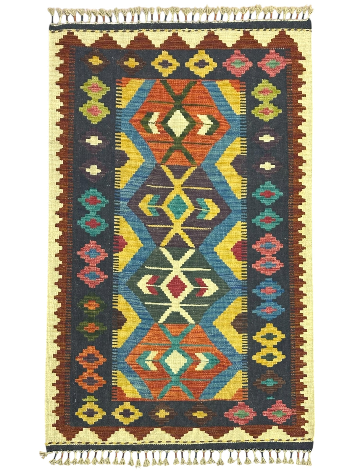 Afghan Kilim Rug 3x4, Navy, Ivory & Blue, Hand-Woven Wool Flatweave
