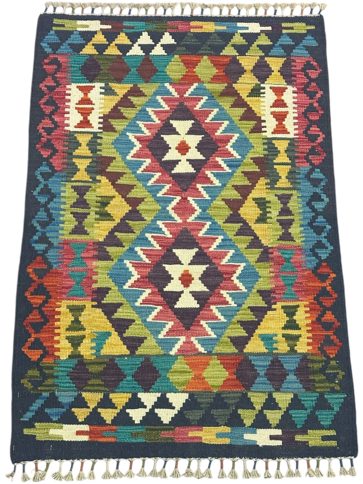 Afghan Kilim Rug 3x4, Navy, Olive Green & Rust, Hand-Woven Wool Flatweave, view 2