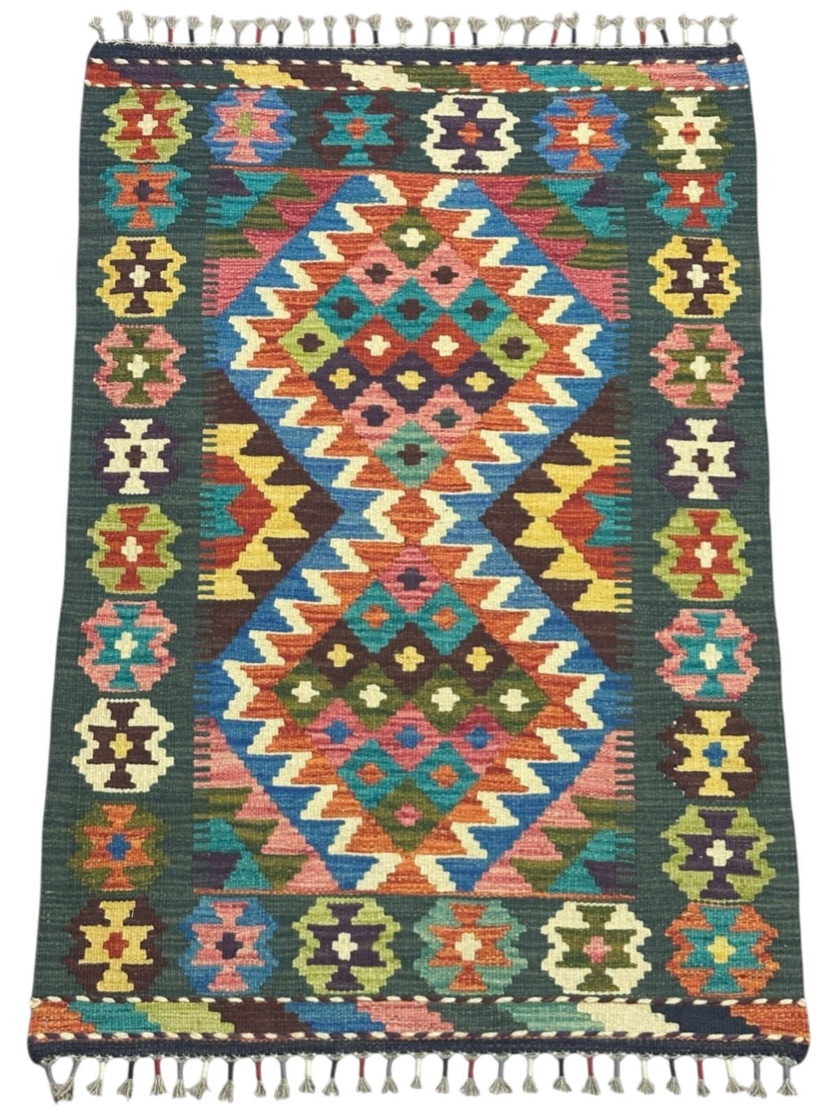 Afghan Kilim Rug 3x4, Green, Teal & Rust, Hand-Woven Wool Flatweave, view 2
