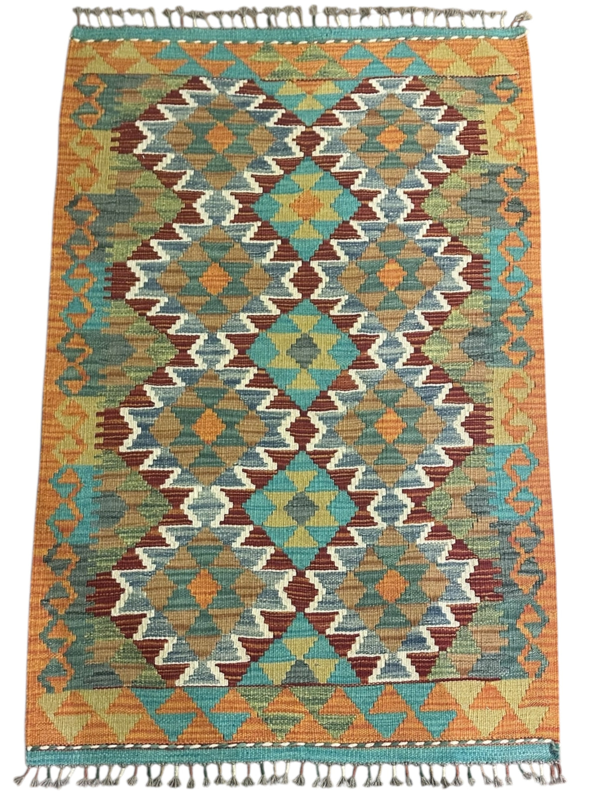 Afghan Kilim Rug 3x4, Orange, Teal & Brown, Hand-Woven Wool Flatweave, view 2