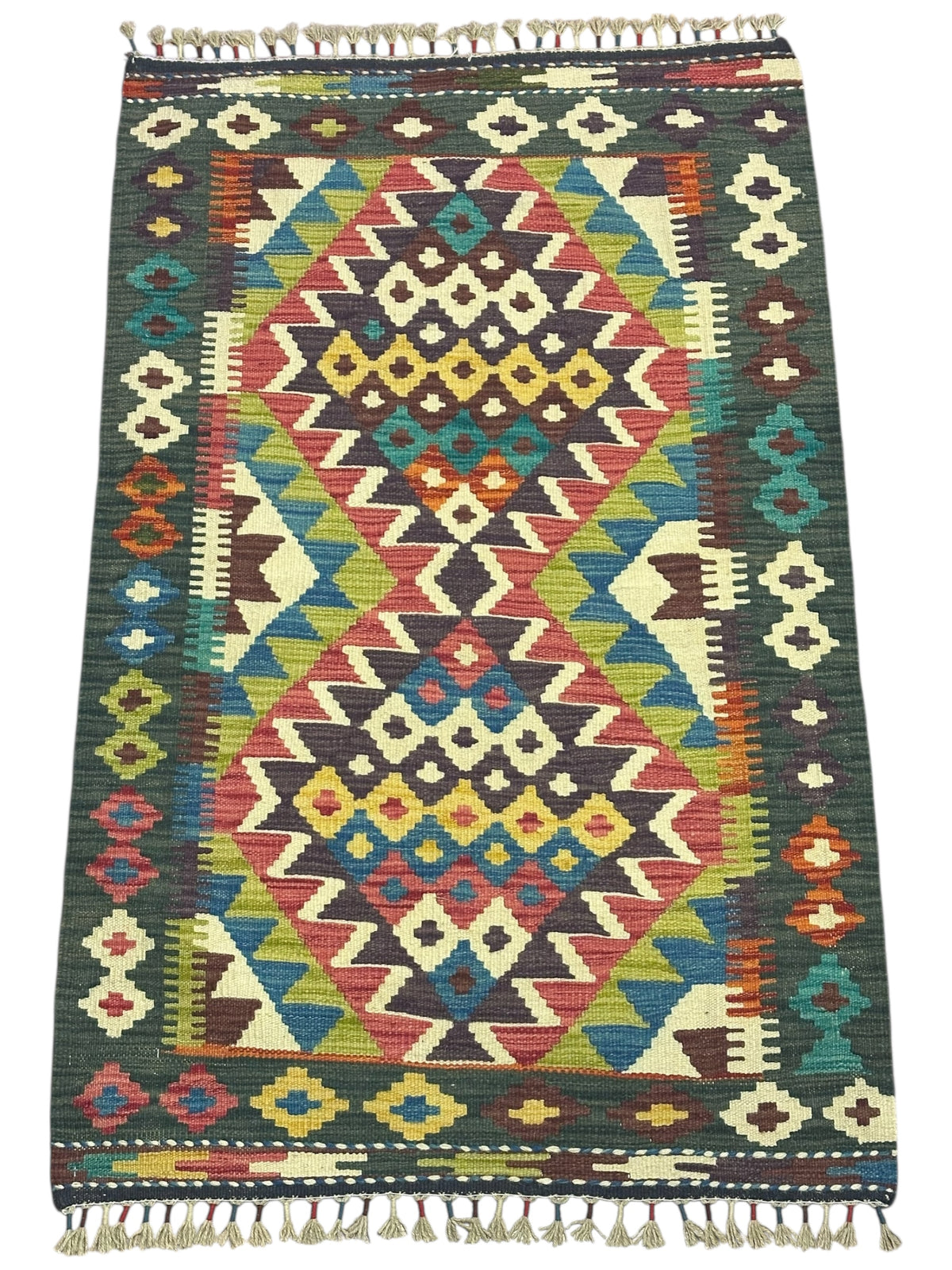 Afghan Kilim Rug 3x4, Green, Ivory & Teal, Hand-Woven Wool Flatweave, view 2