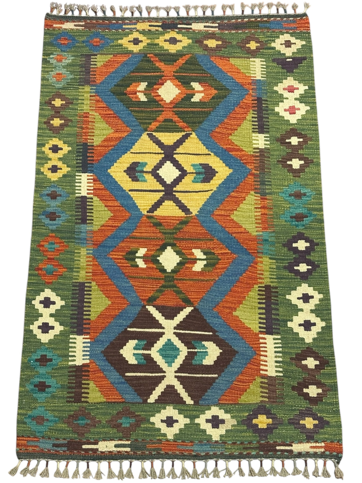 Afghan Kilim Rug 3x4, Green, Rust & Blue, Hand-Woven Wool Flatweave, view 2