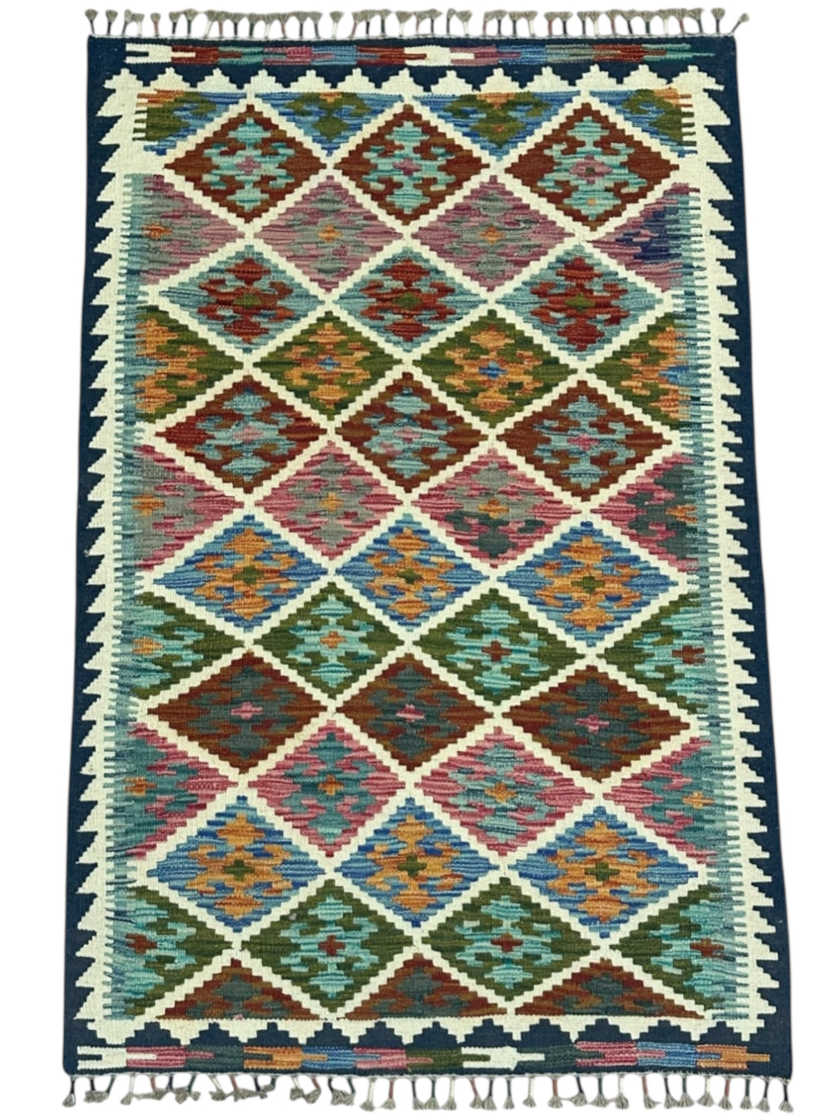 Afghan Kilim Rug 3x5, Ivory, Brown & Green, Hand-Woven Wool Flatweave, view 2