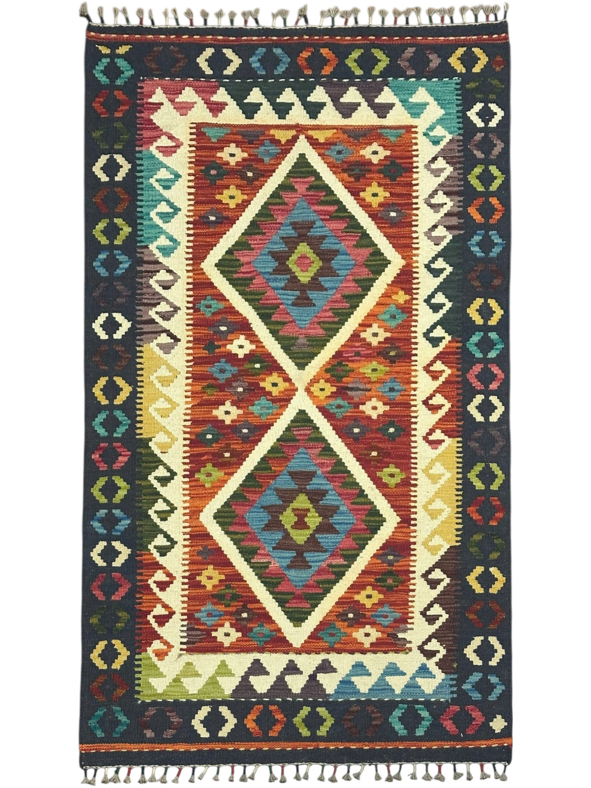 Afghan Kilim Rug 3x5, Rust, Navy & Ivory, Diamond Medallion Wool Flatweave