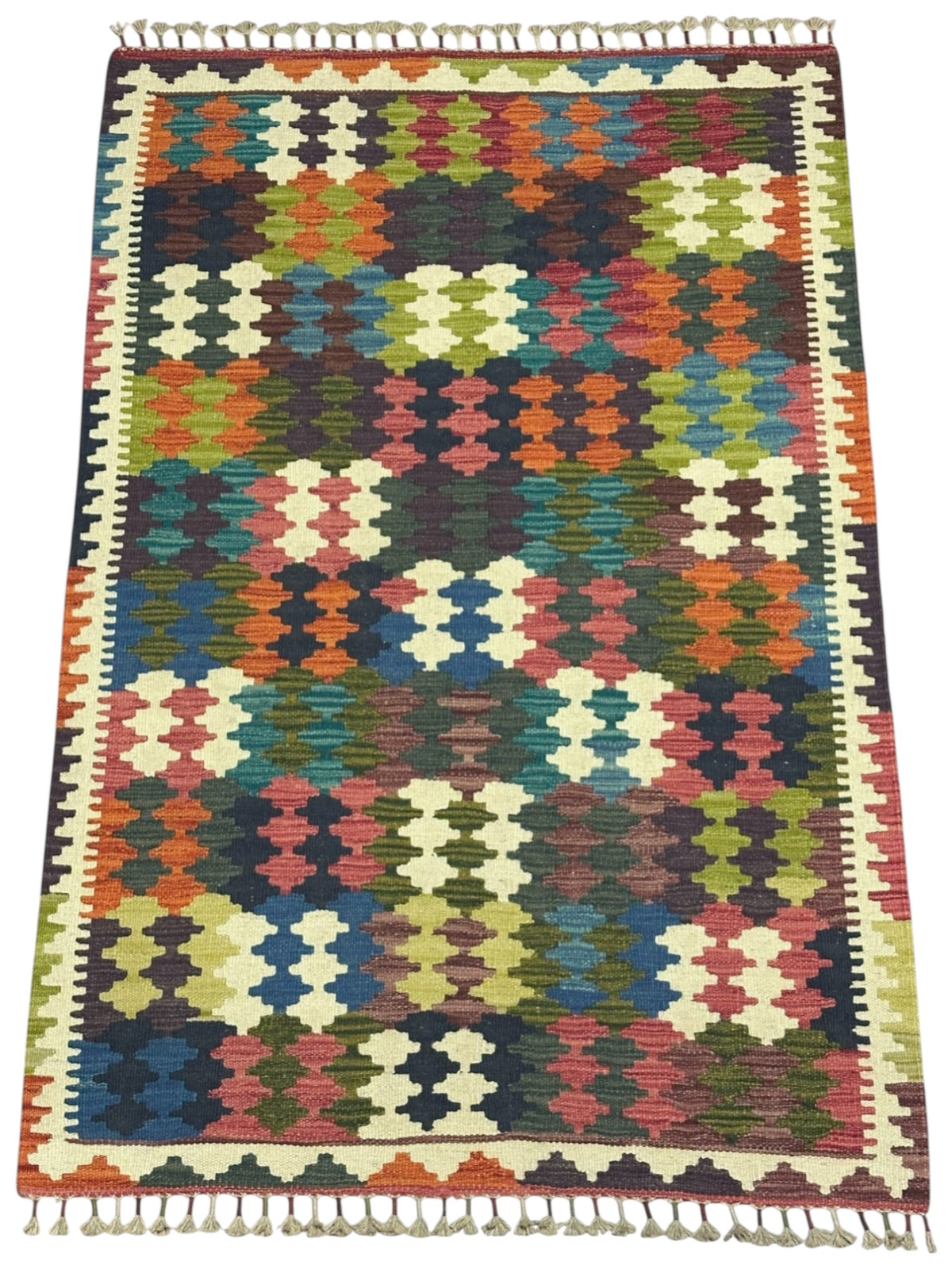 Afghan Kilim Rug 3x5, Ivory, Olive Green & Rust, Hand-Woven Wool Flatweave, view 2