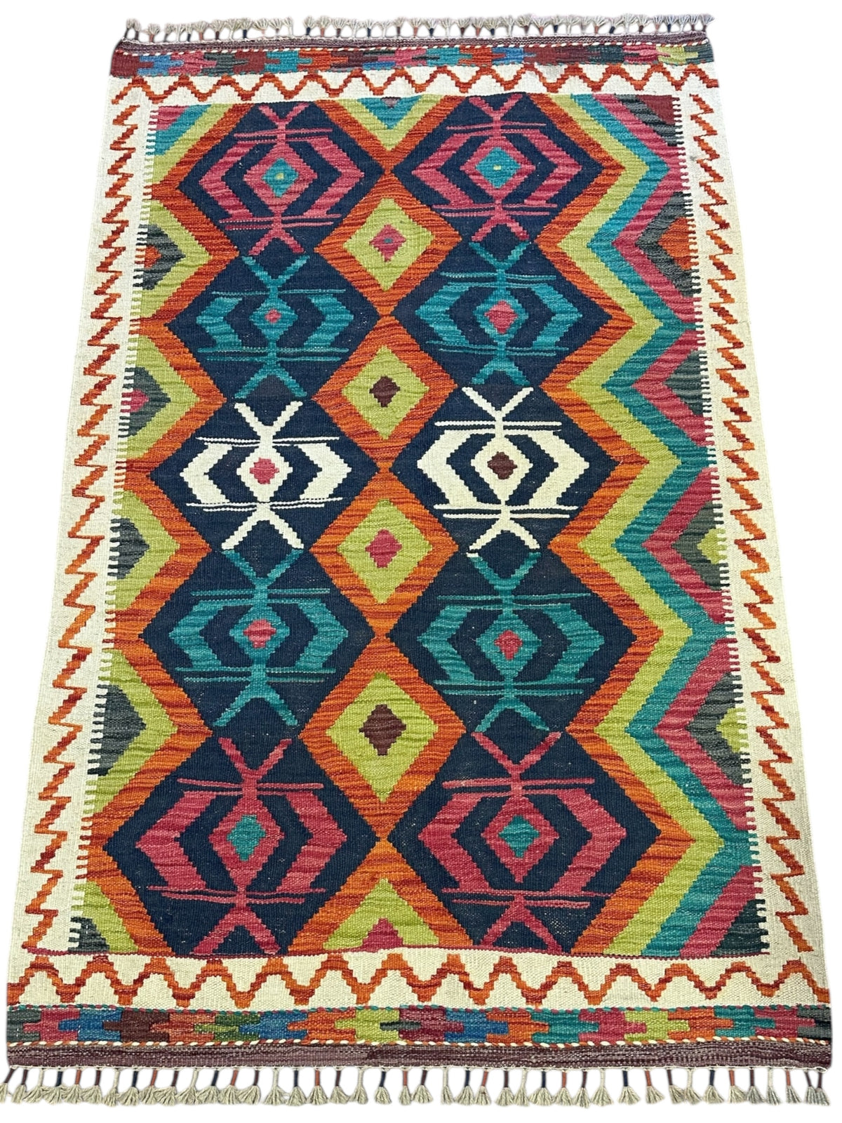 Afghan Kilim Rug 3x5, Navy, Orange & Teal, Hand-Woven Wool Flatweave, view 2