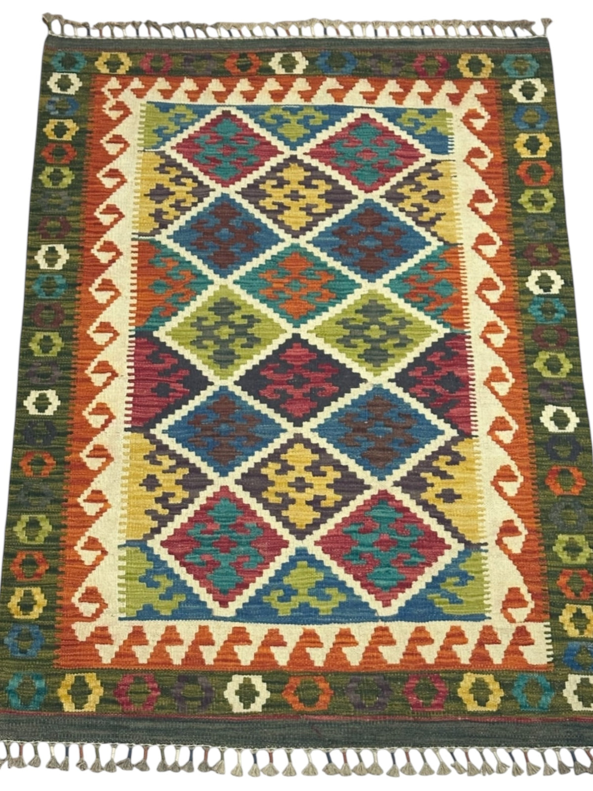 Afghan Kilim Rug 3x5, Olive Green, Rust & Ivory, Hand-Woven Wool Flatweave, view 2
