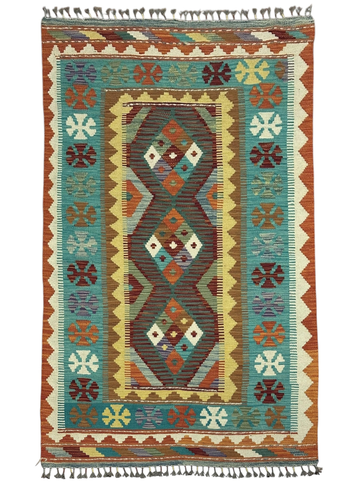 Afghan Kilim Rug 3x5, Teal, Rust & Brown, Hand-Woven Wool Flatweave