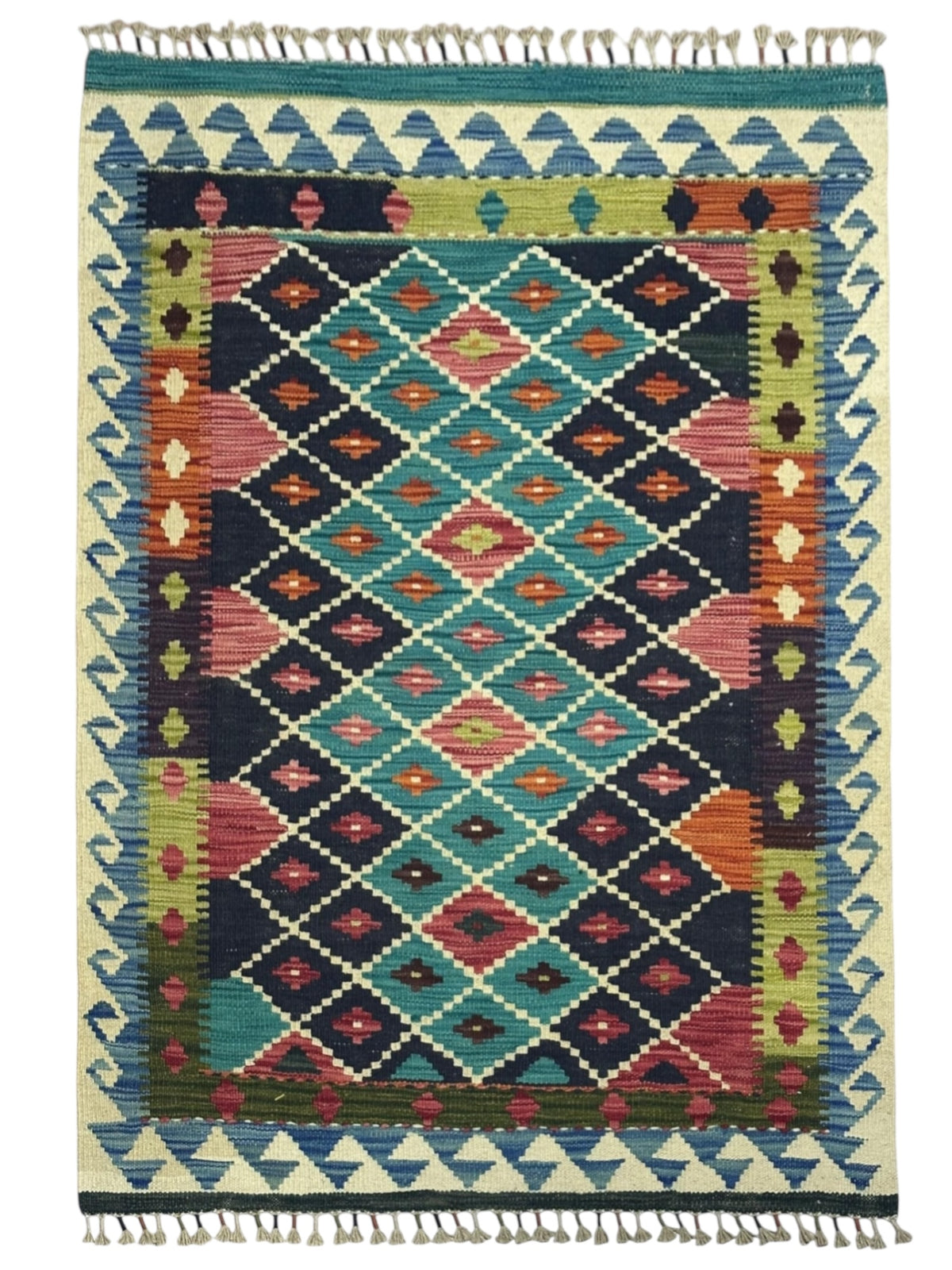 Afghan Kilim Rug 3'5" x 4'9", Hand-Woven Wool, No. 195