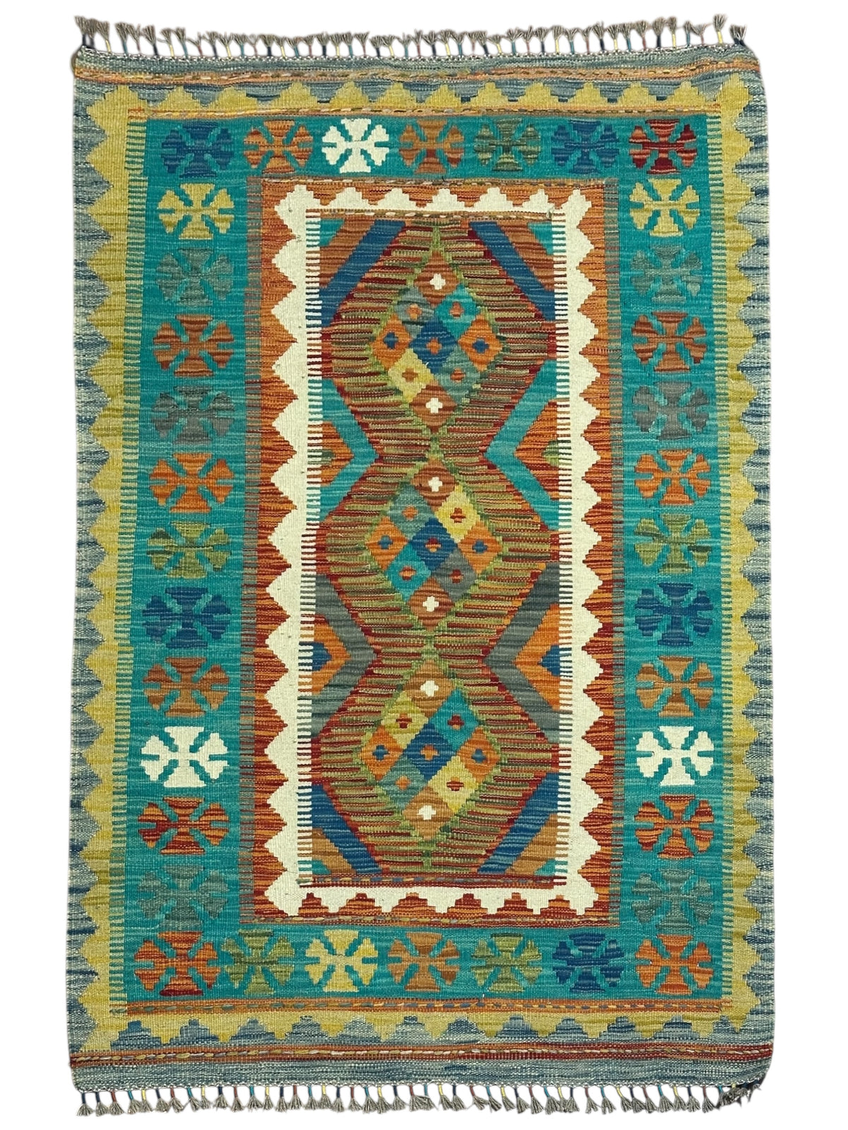 Afghan Kilim Rug 3x5, Teal, Brown & Gold, Hand-Woven Wool Flatweave