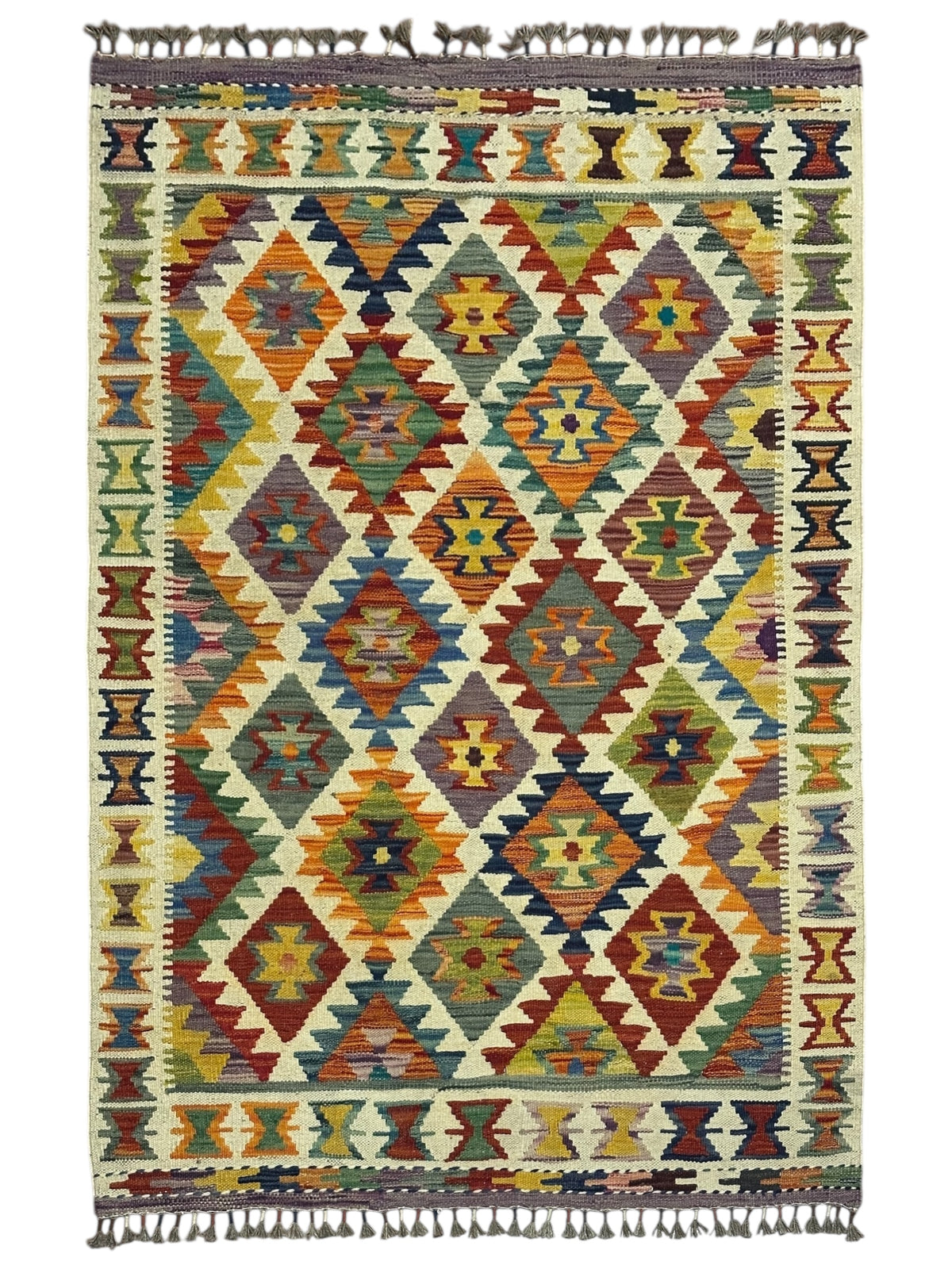 Afghan Kilim Rug 3x5, Ivory, Rust & Gold, Hand-Woven Wool Flatweave