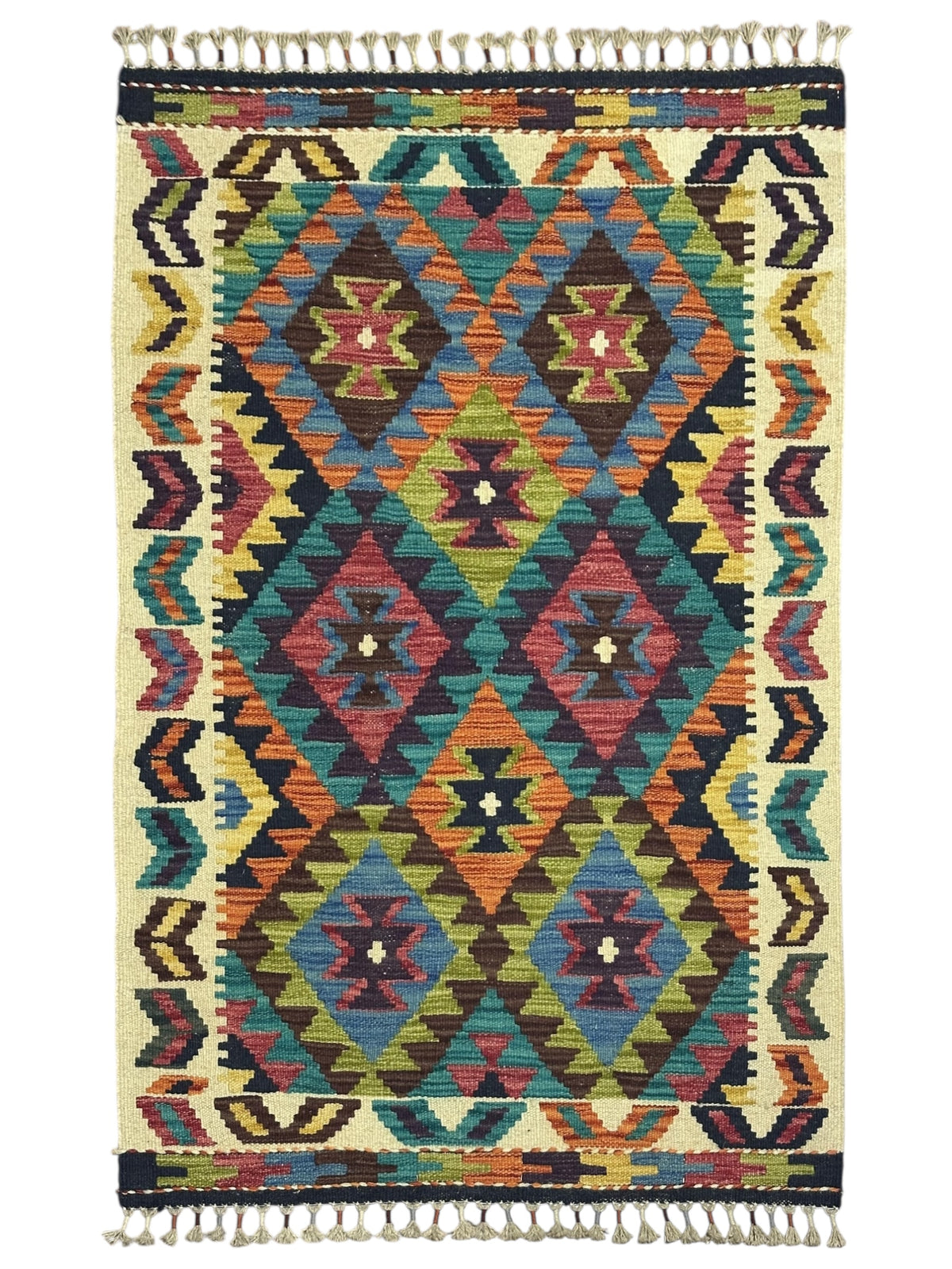 Afghan Kilim Rug 3x4, Brown, Ivory & Teal, Diamond Lattice Wool Flatweave