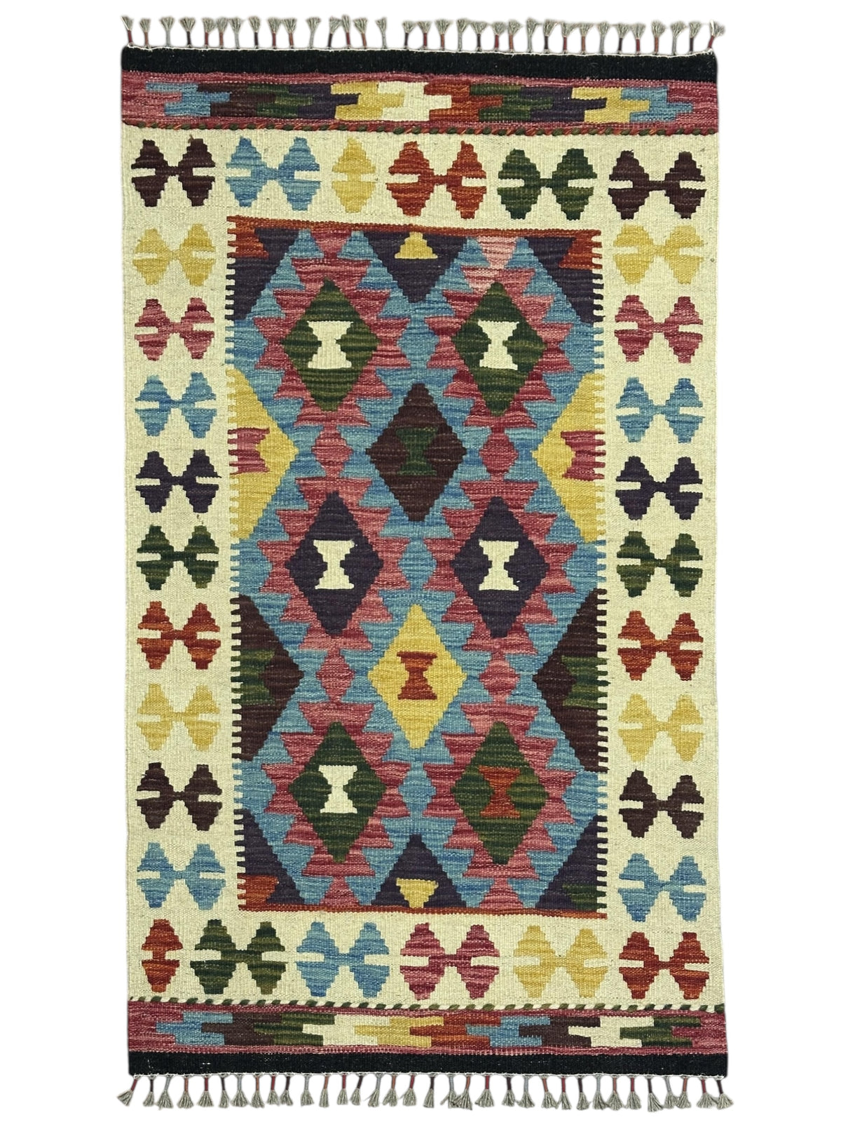 Afghan Kilim Rug 3x4, Ivory, Blue & Pink, Hand-Woven Wool Flatweave