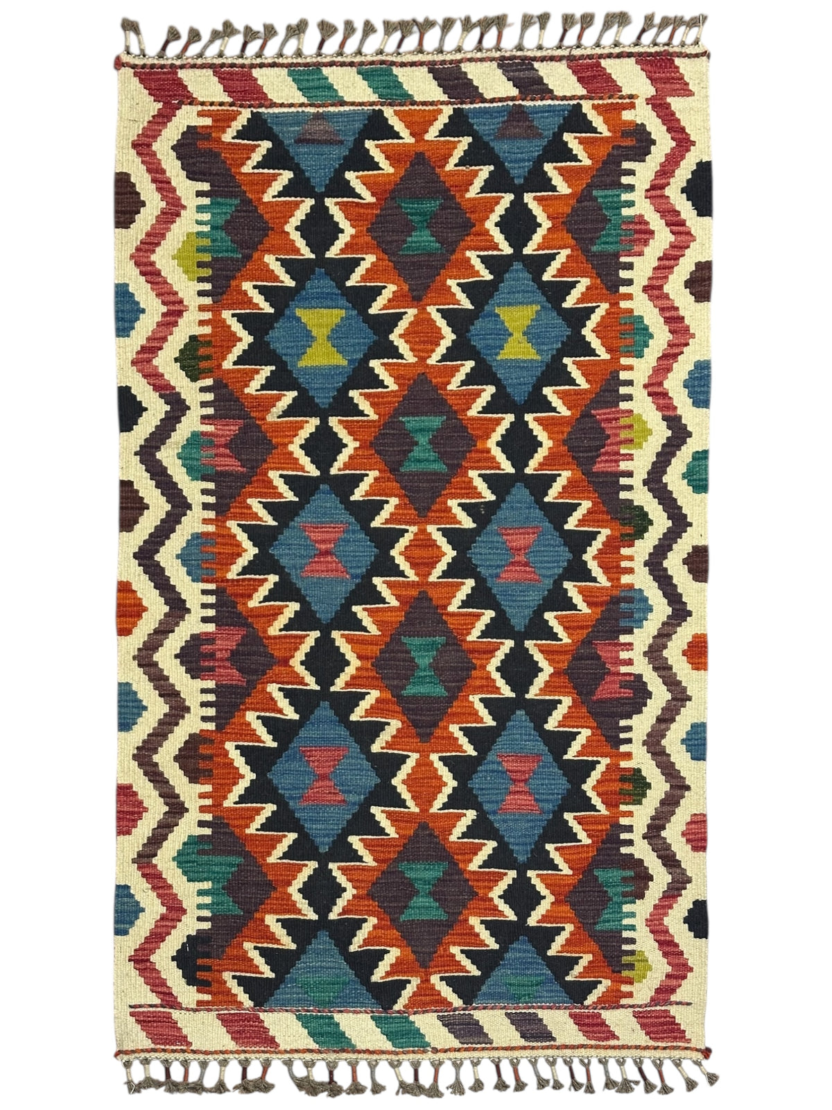 Afghan Kilim Rug 3x4, Rust, Navy & Ivory, Diamond Lattice Wool Flatweave