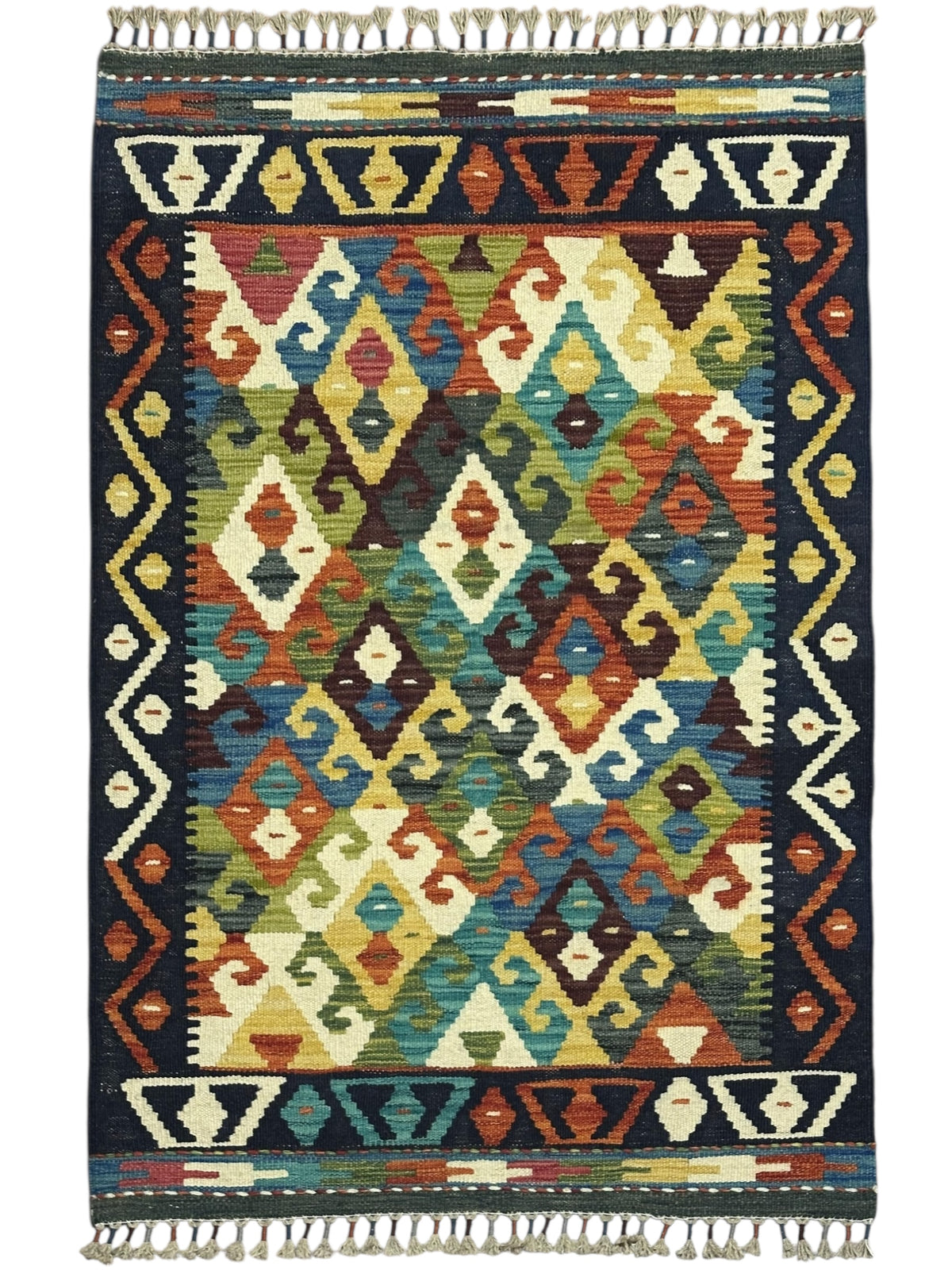 Afghan Kilim Rug 3x4, Navy, Ivory & Olive Green, Diamond Lattice Wool Flatweave