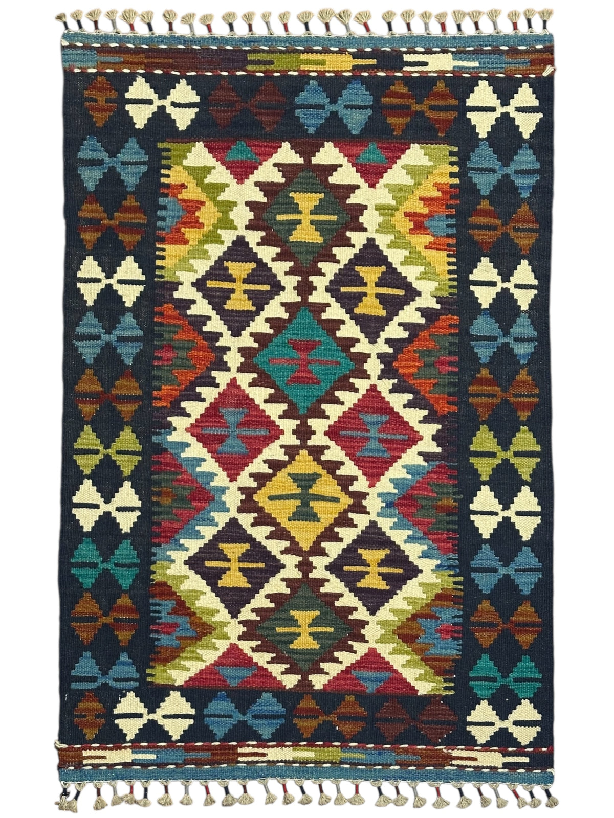 Afghan Kilim Rug 3x4, Navy, Ivory & Rust, Diamond Medallion Wool Flatweave, Gold Accents