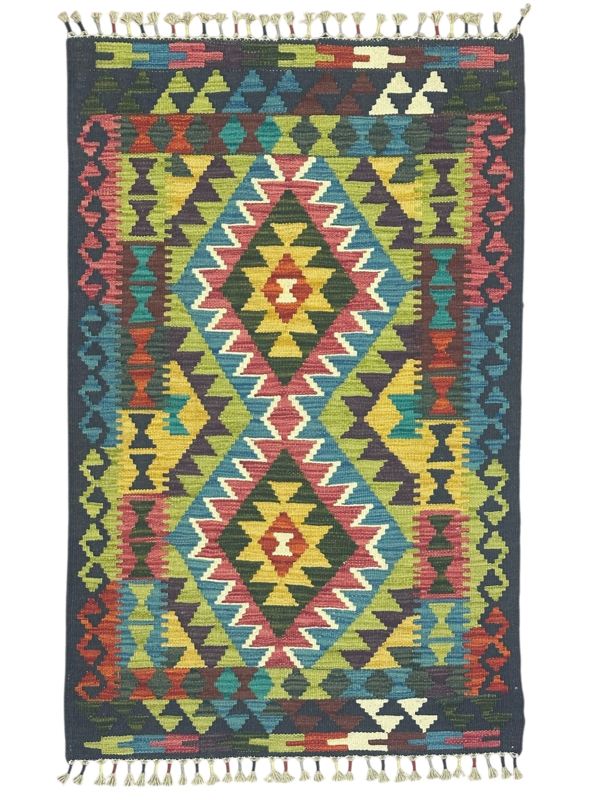 Afghan Kilim Rug 3x4, Navy, Olive Green & Pink, Hand-Woven Wool Flatweave