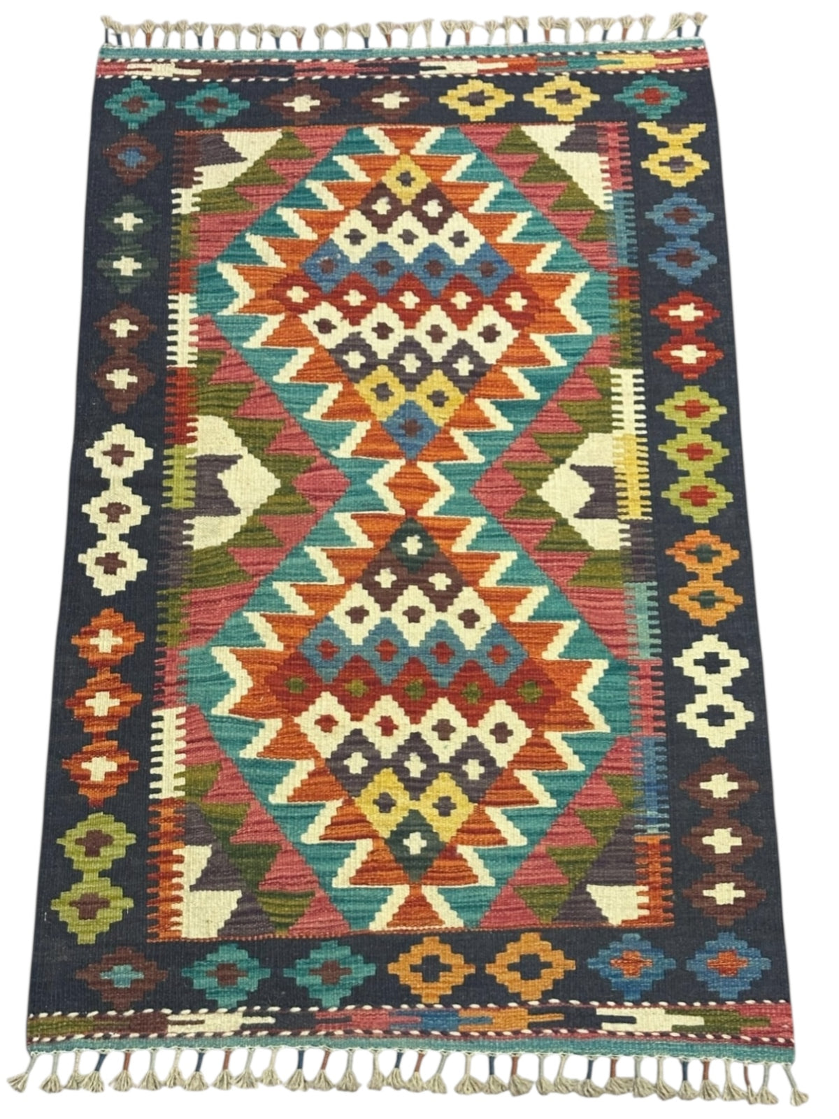 Afghan Kilim Rug 3x4, Navy, Teal & Rust, Hand-Woven Wool Flatweave, view 2