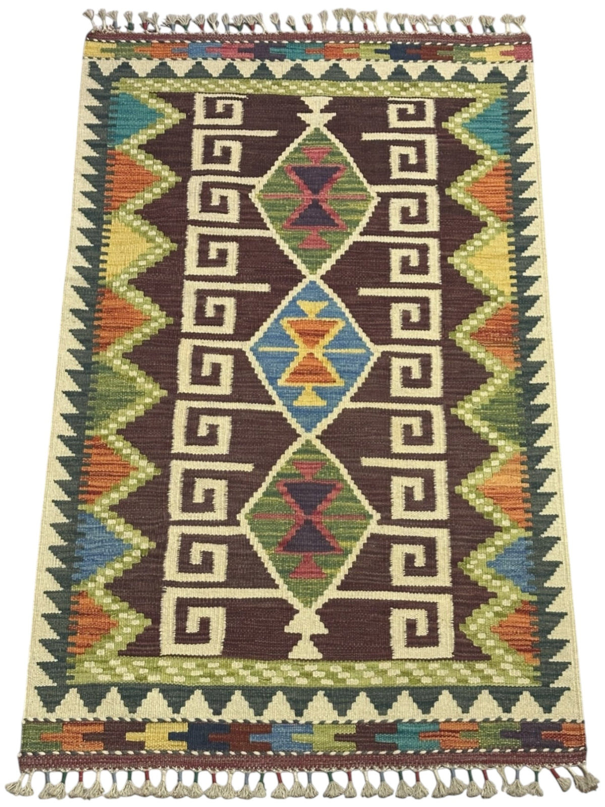 Afghan Kilim Rug 3x4, Brown, Ivory & Olive Green, Hand-Woven Wool Flatweave, view 2