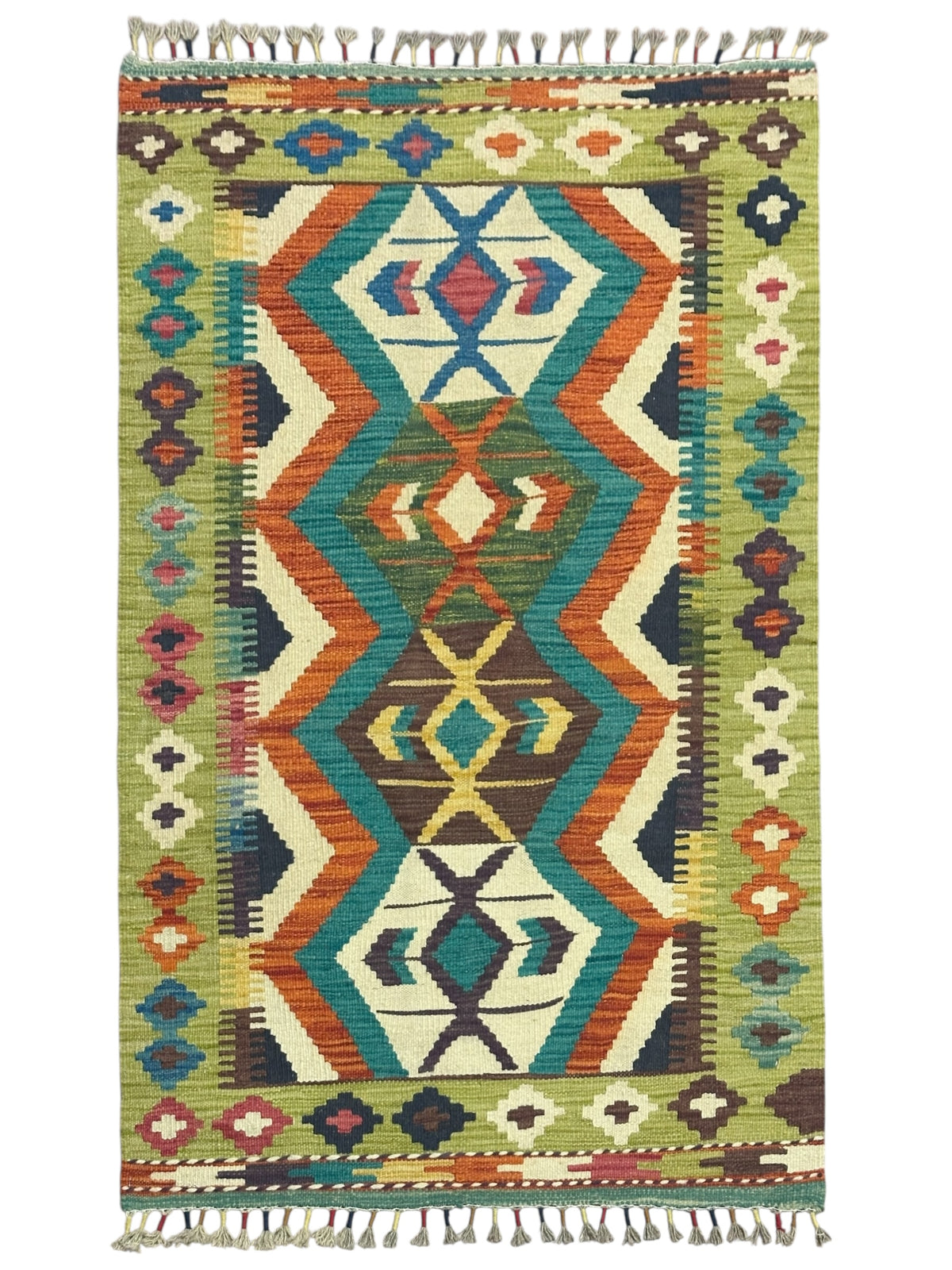 Afghan Kilim Rug 3x4, Olive Green, Teal & Ivory, Hand-Woven Wool Flatweave