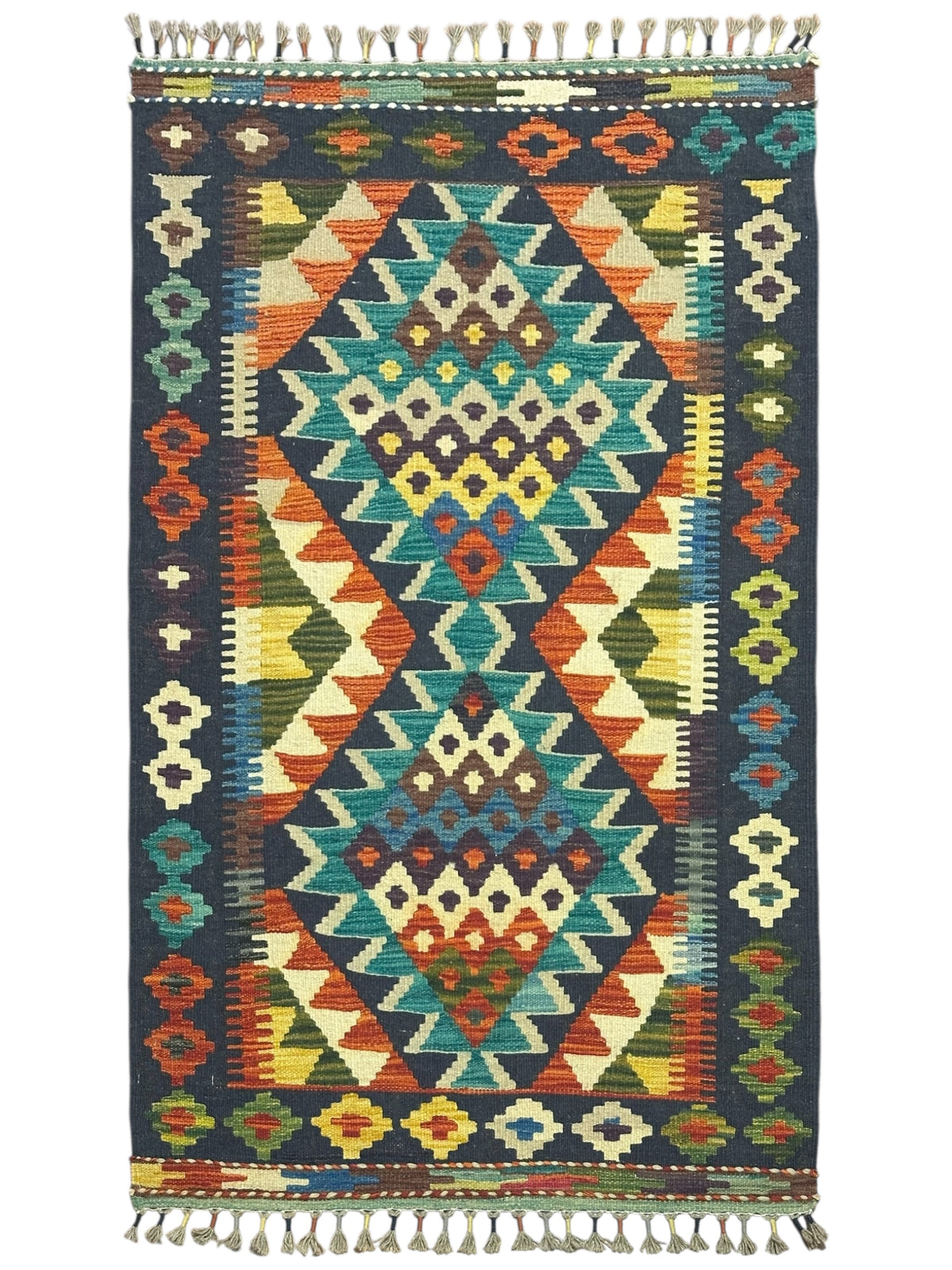 Afghan Kilim Rug 3x4, Navy, Teal & Ivory, Diamond Medallion Wool Flatweave, Rust Accents